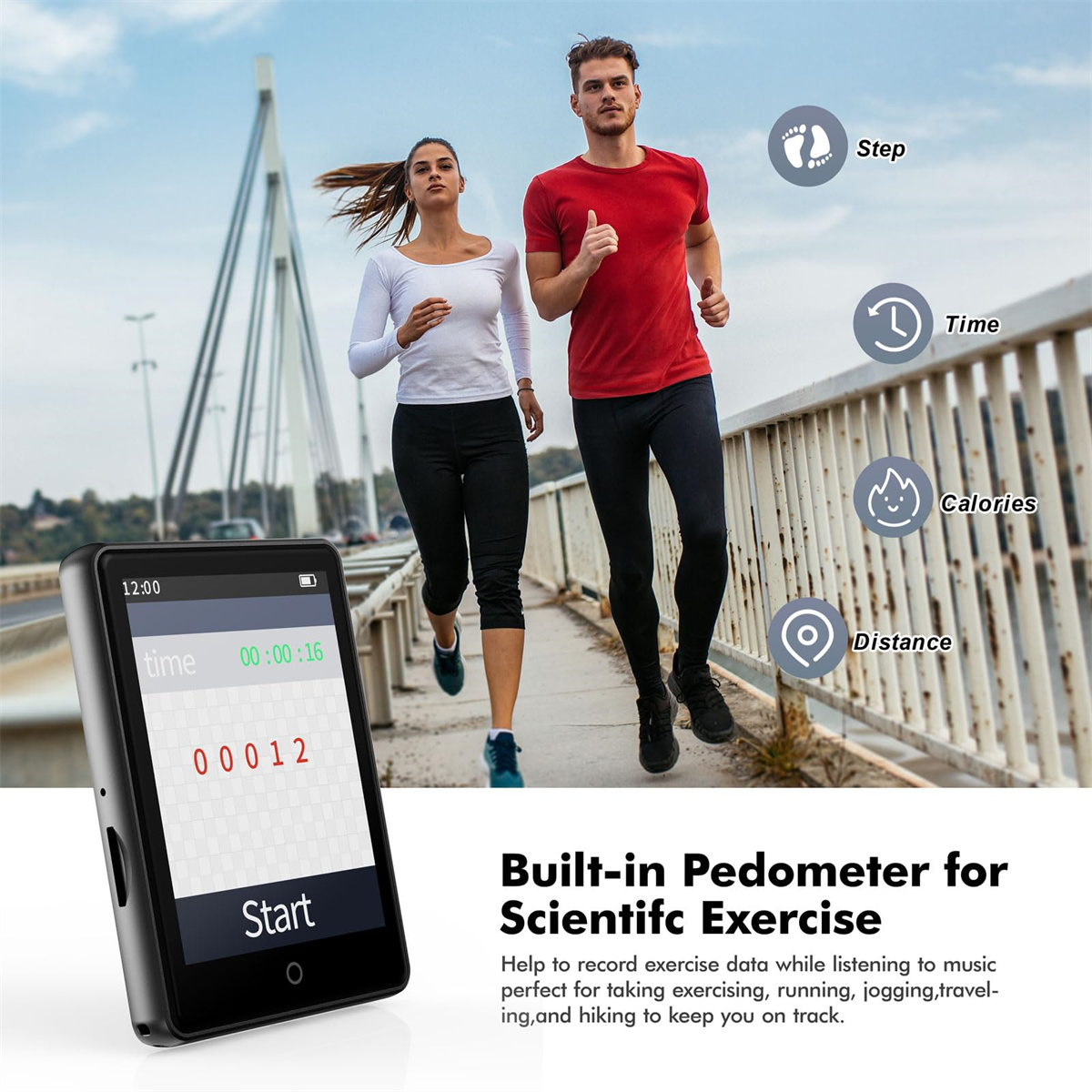 Ein schwarzer MP3-Player, der Zeit- und Schrittzählerfunktionen anzeigt, mit einem Paar, das im Hintergrund joggt, was die Fitnessverfolgung hervorhebt.