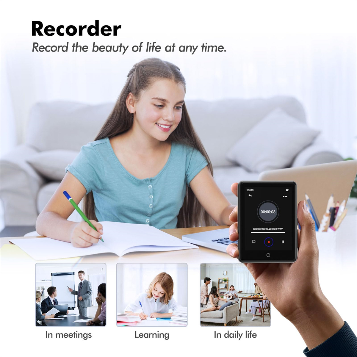 Ein schwarzer MP3-Player, der eine Recorder-App anzeigt, mit einem Mädchen, das in ein Notizbuch schreibt, und Bildern, die Besprechungen und den Alltag suggerieren.