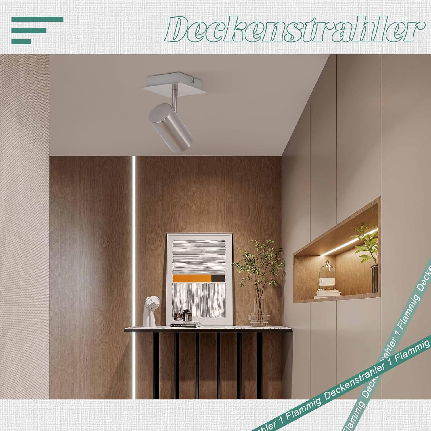 Un interno di stanza moderno con un faretto da soffitto argentato, opere d'arte e oggetti decorativi su una consolle.