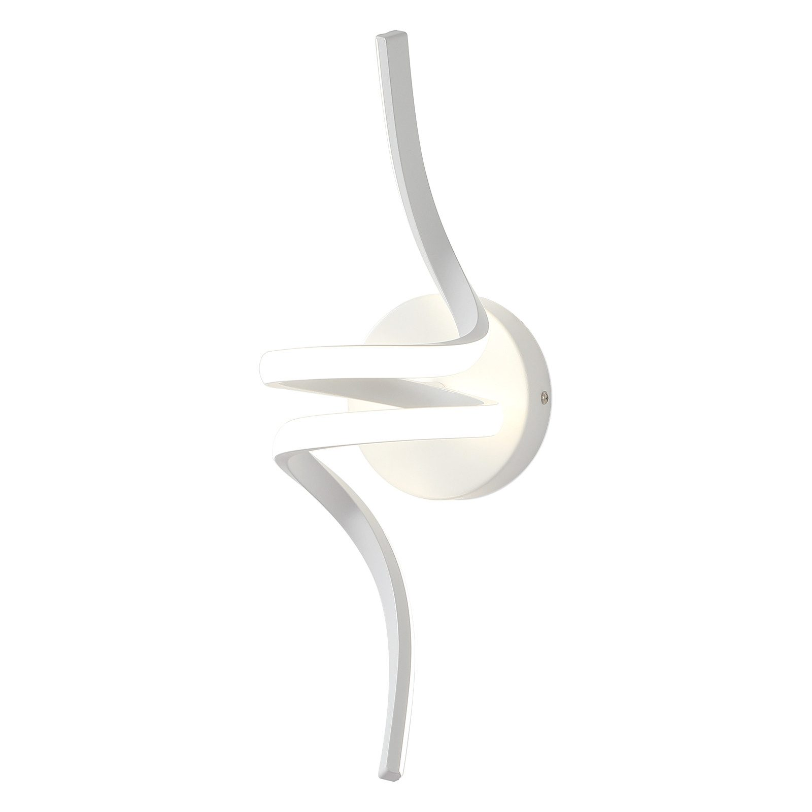 Una lampada da parete bianca con un design curvo a spirale. È montata su uno sfondo bianco.