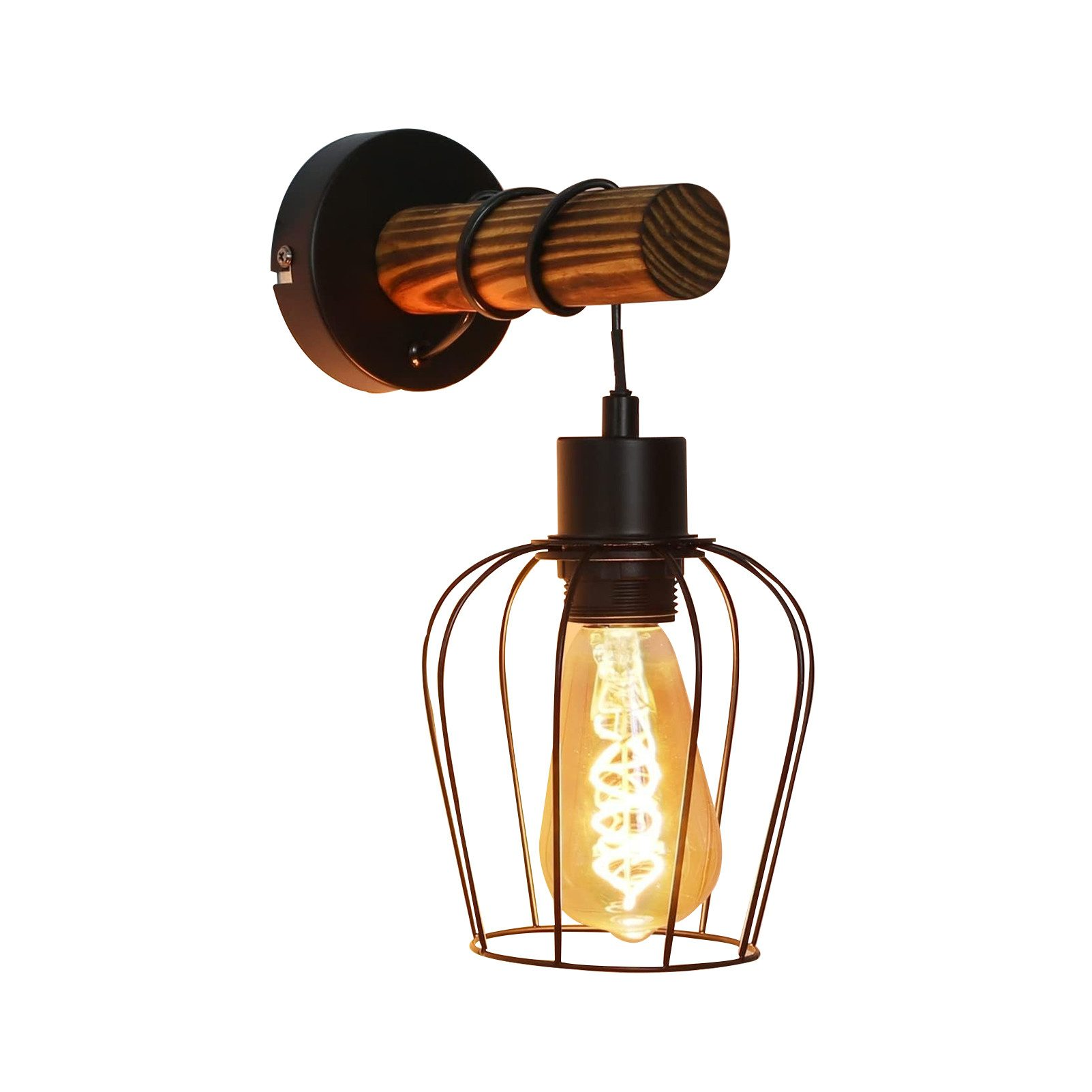 Eine schwarze Metallkäfiglampe mit einem Holzbalken. Die Lampe hat eine Edison-Glühbirne und ist beleuchtet.