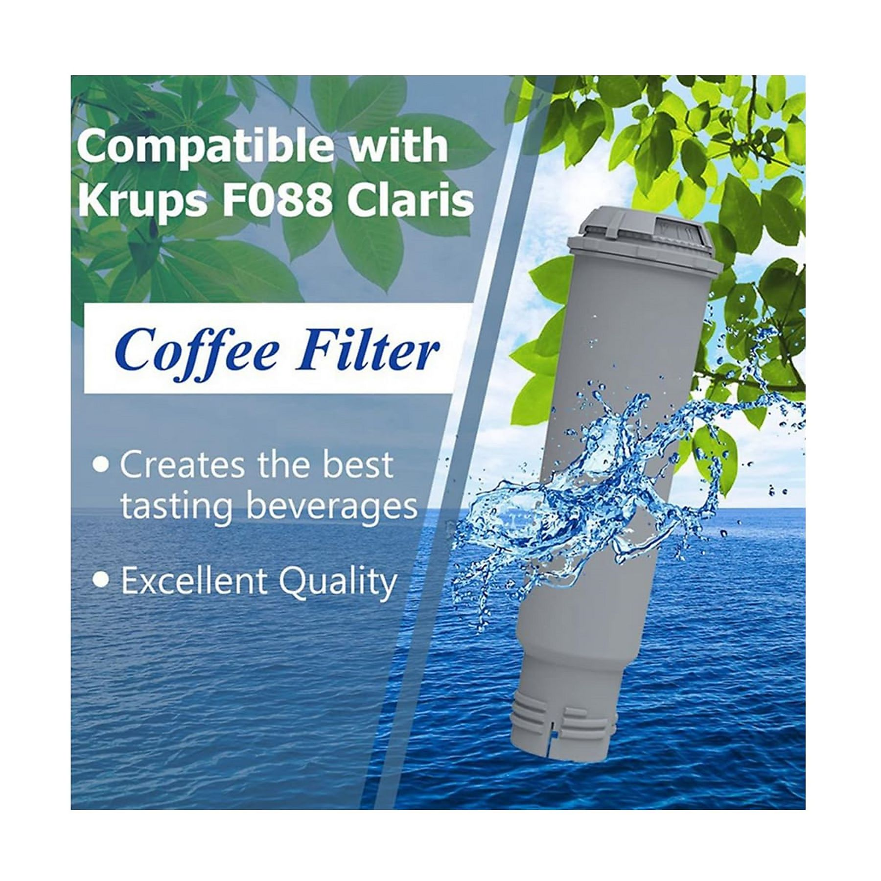 Ein Kaffeefilter, kompatibel mit Krups F088 Claris. Das Bild zeigt den Filter, Wasser und Kaffee-bezogenen Text.