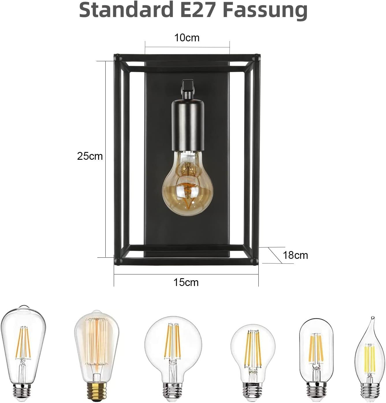 Schemat czarnej oprawionej lampy ściennej pokazujący wymiary i kompatybilne żarówki E27.