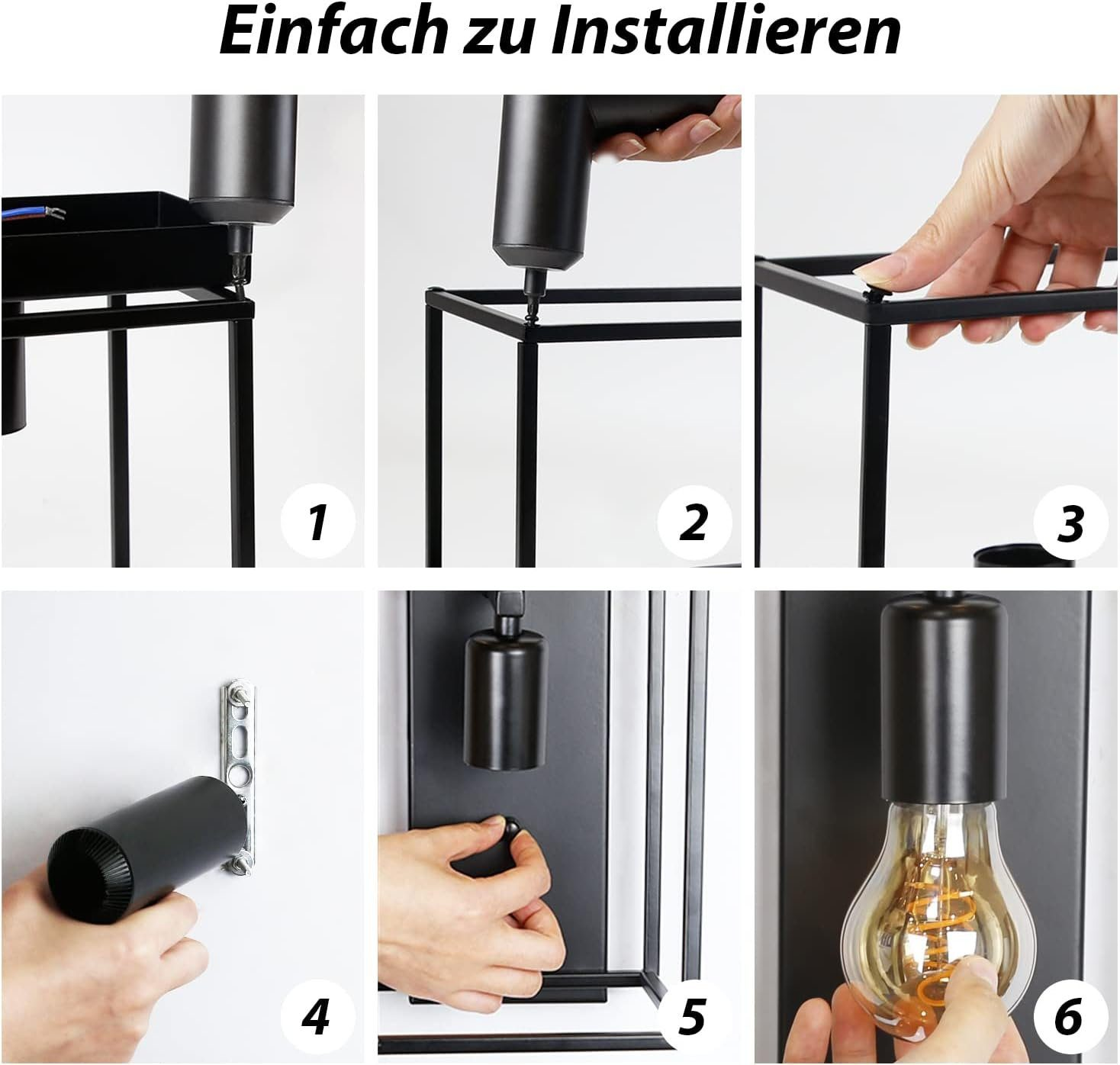 Instrukcja instalacji czarnej lampy ściennej. Kroki 1-6 pokazują etapy za pomocą śrubokręta.