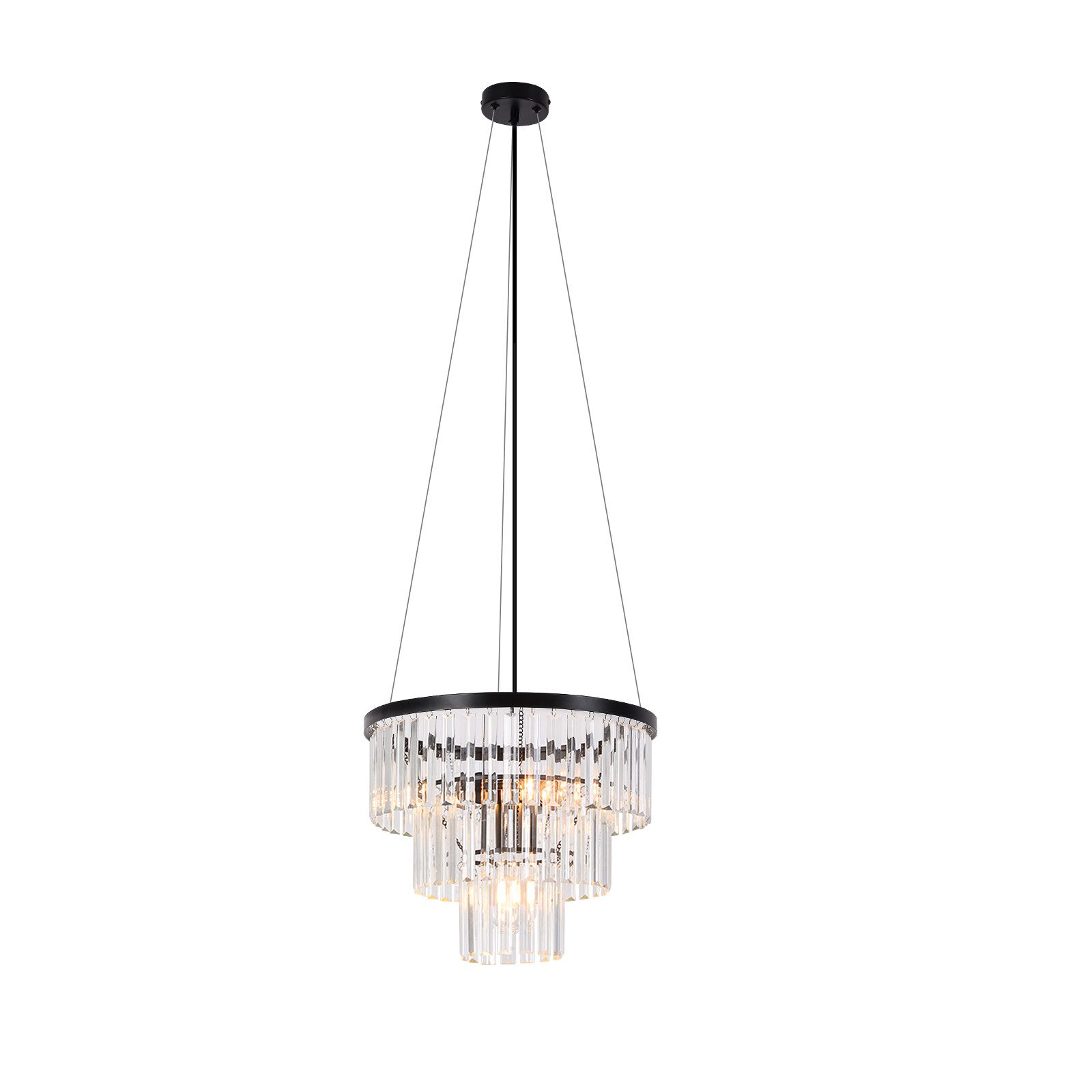Un lampadario con tre livelli di aste di cristallo pende dal soffitto. Attacco nero al soffitto in alto.