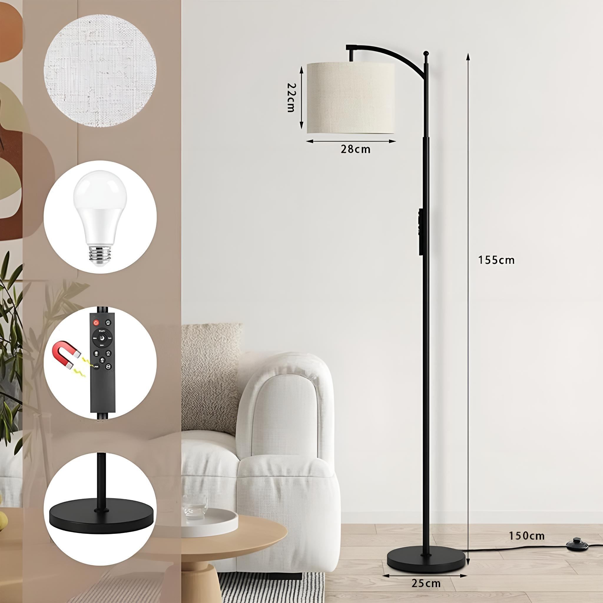 Eine schwarze Bogen-Stehlampe mit Lampenschirm. Abmessungen: 28cm Schirm, 155cm Höhe, 25cm Basis, 150cm Länge.