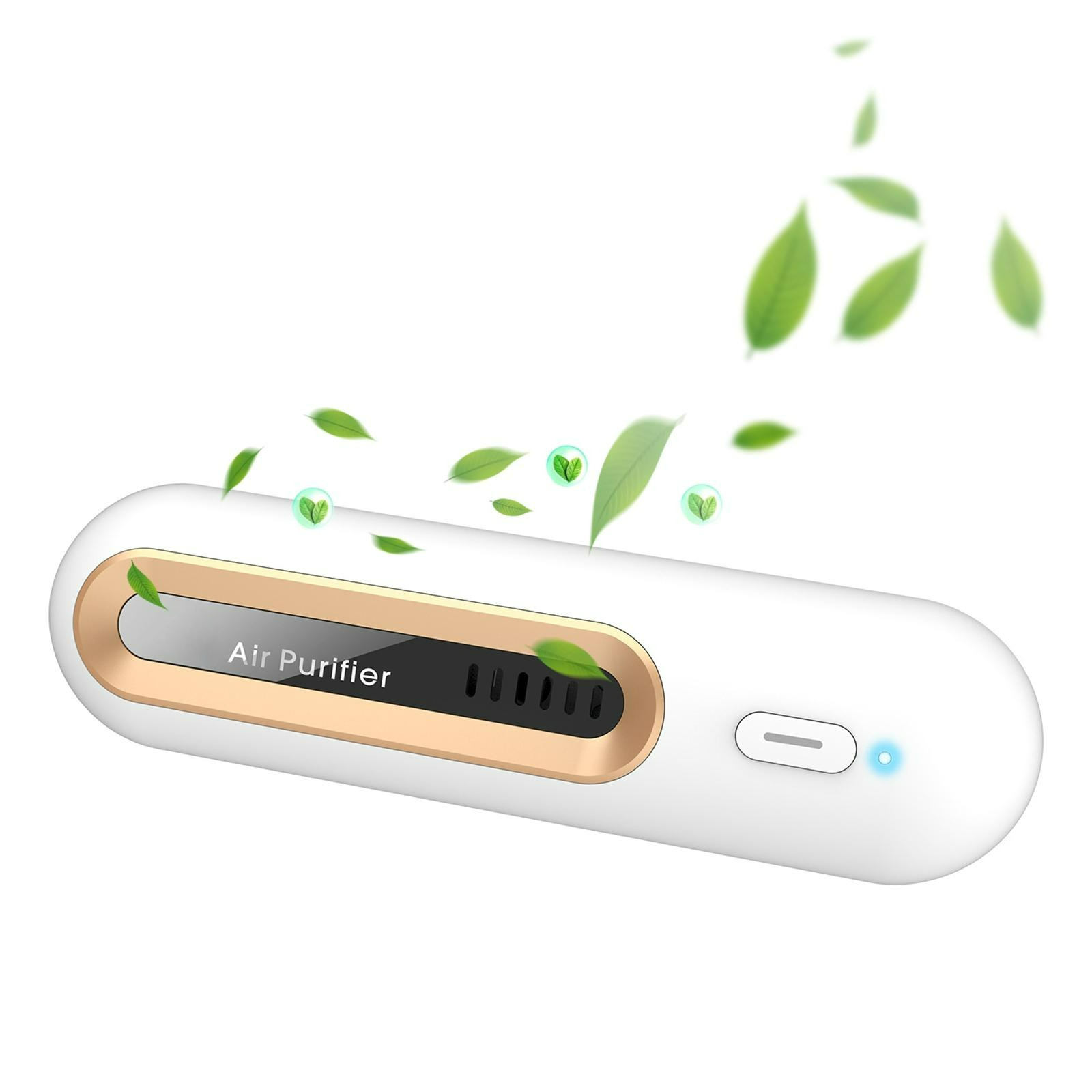 Ein weißer Luftreiniger mit goldenem Zierrat. Grüne Blätter schweben über dem Gerät. Es leuchtet blau.