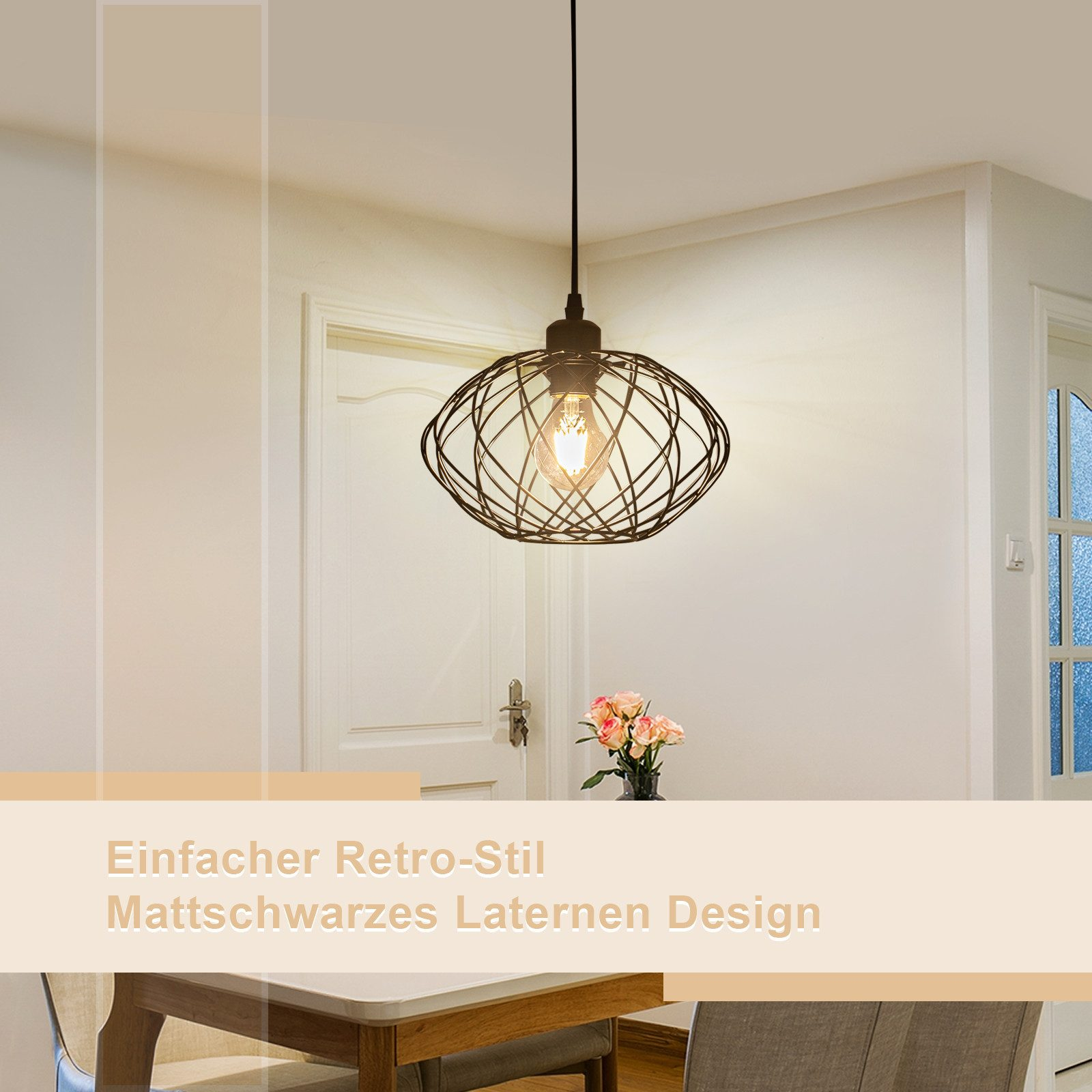 Eine Pendelleuchte mit Drahtgestell über einem Tisch in einem Raum. Der Text besagt: Retro-Stil.
