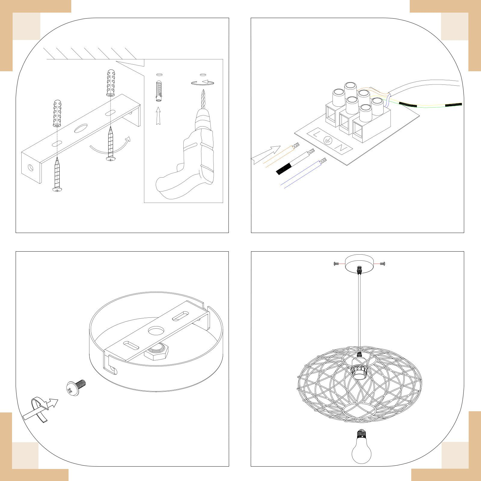 Diagramm zur Installation einer Pendelleuchte. Zeigt die benötigten Teile und Werkzeuge: Schrauben, Bohrer und mehr.
