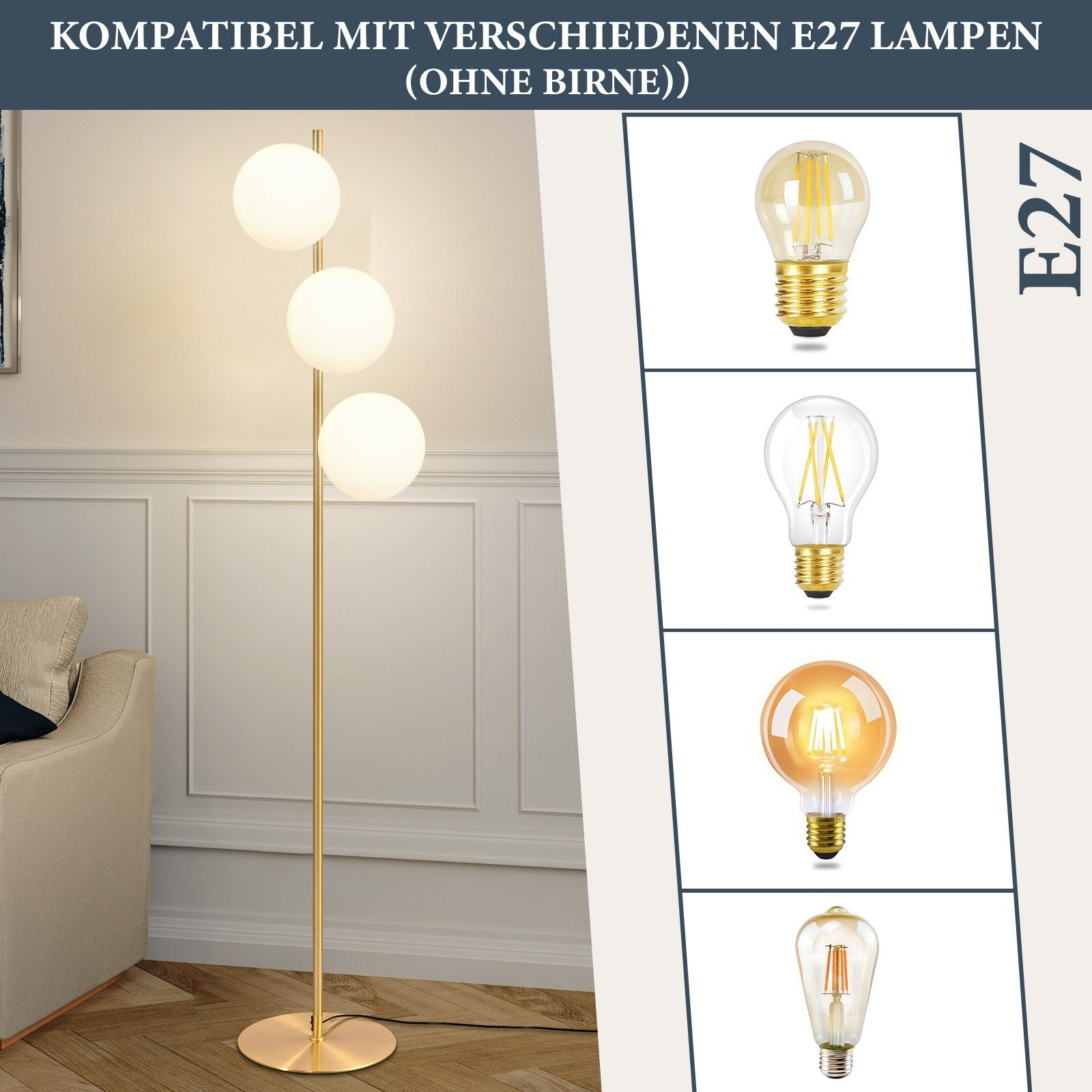 Una lampada da terra dorata con tre luci a globo bianche. Mostra esempi di lampadine da usare.