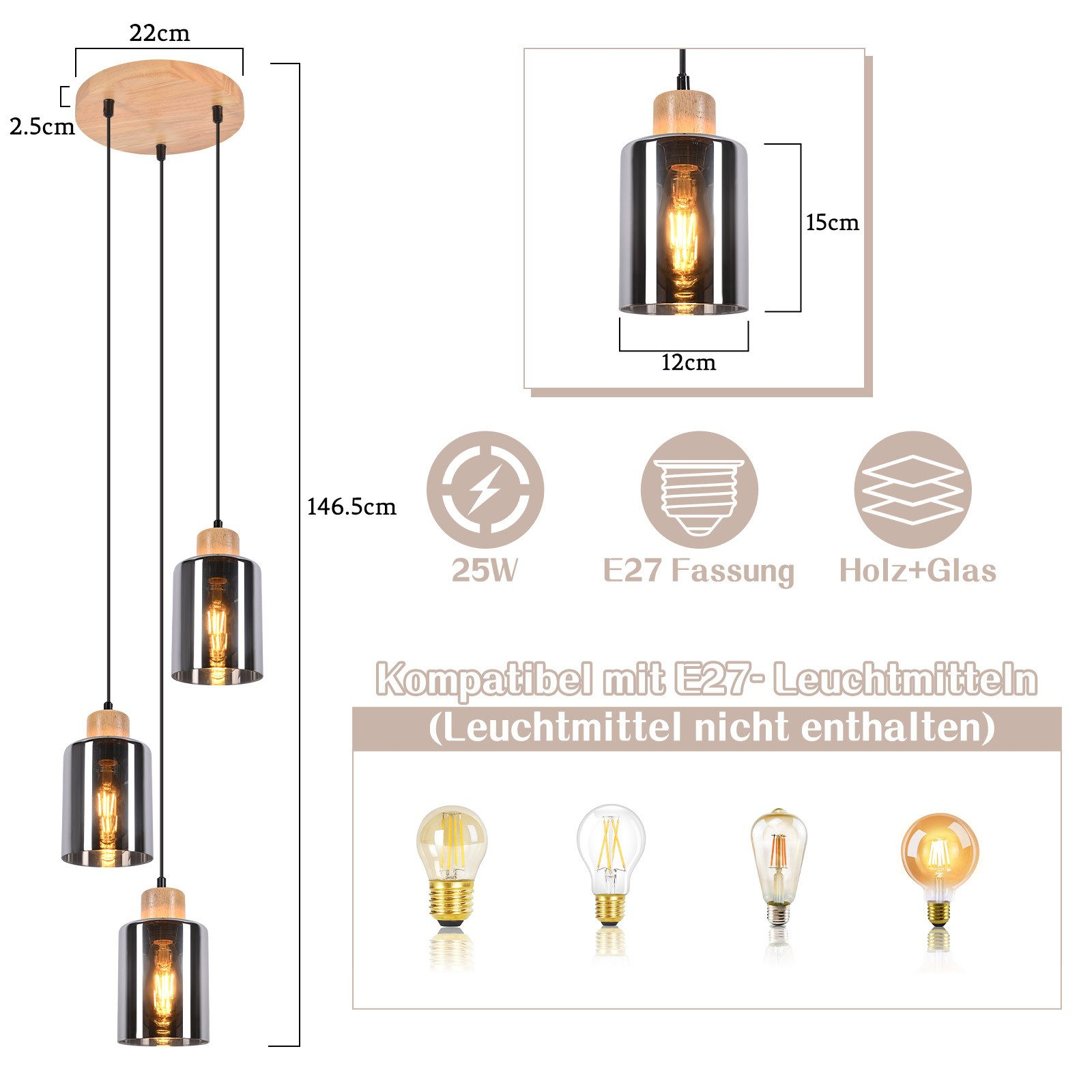 Schema di tre lampade a sospensione. Mostra le loro dimensioni, la base e le lampadine compatibili.
