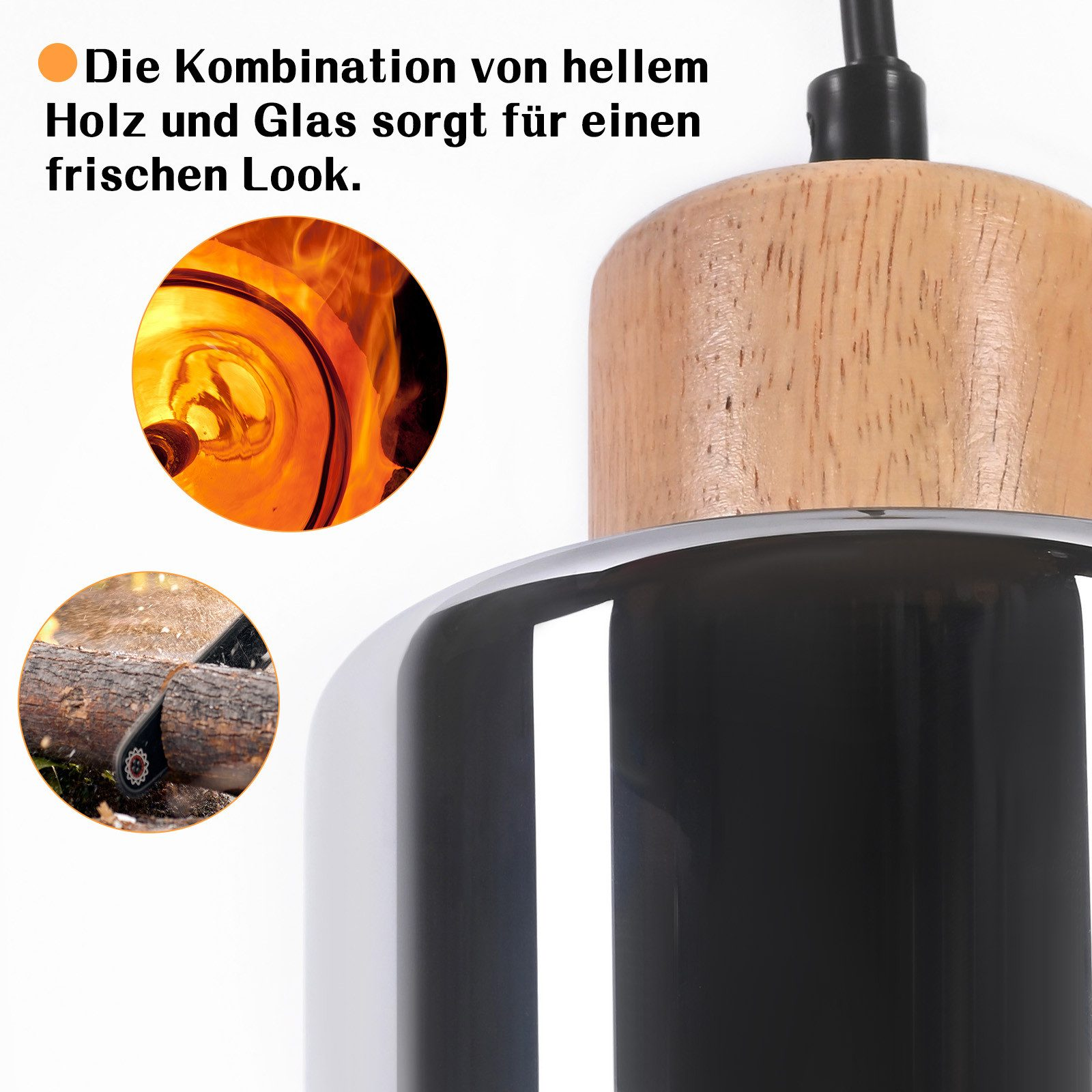 Primo piano di una lampada a sospensione con legno e vetro. Mostra il riflesso della luce.