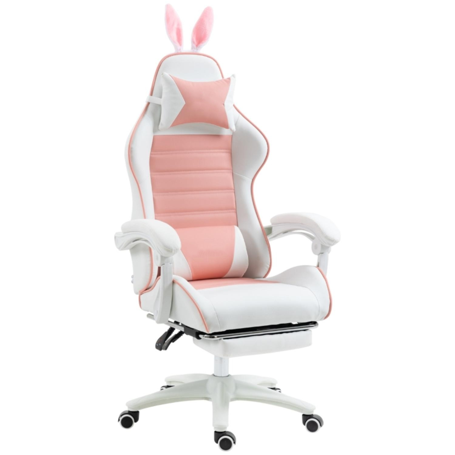 Weiß-rosa Gaming-Stuhl mit Hasenohren.
