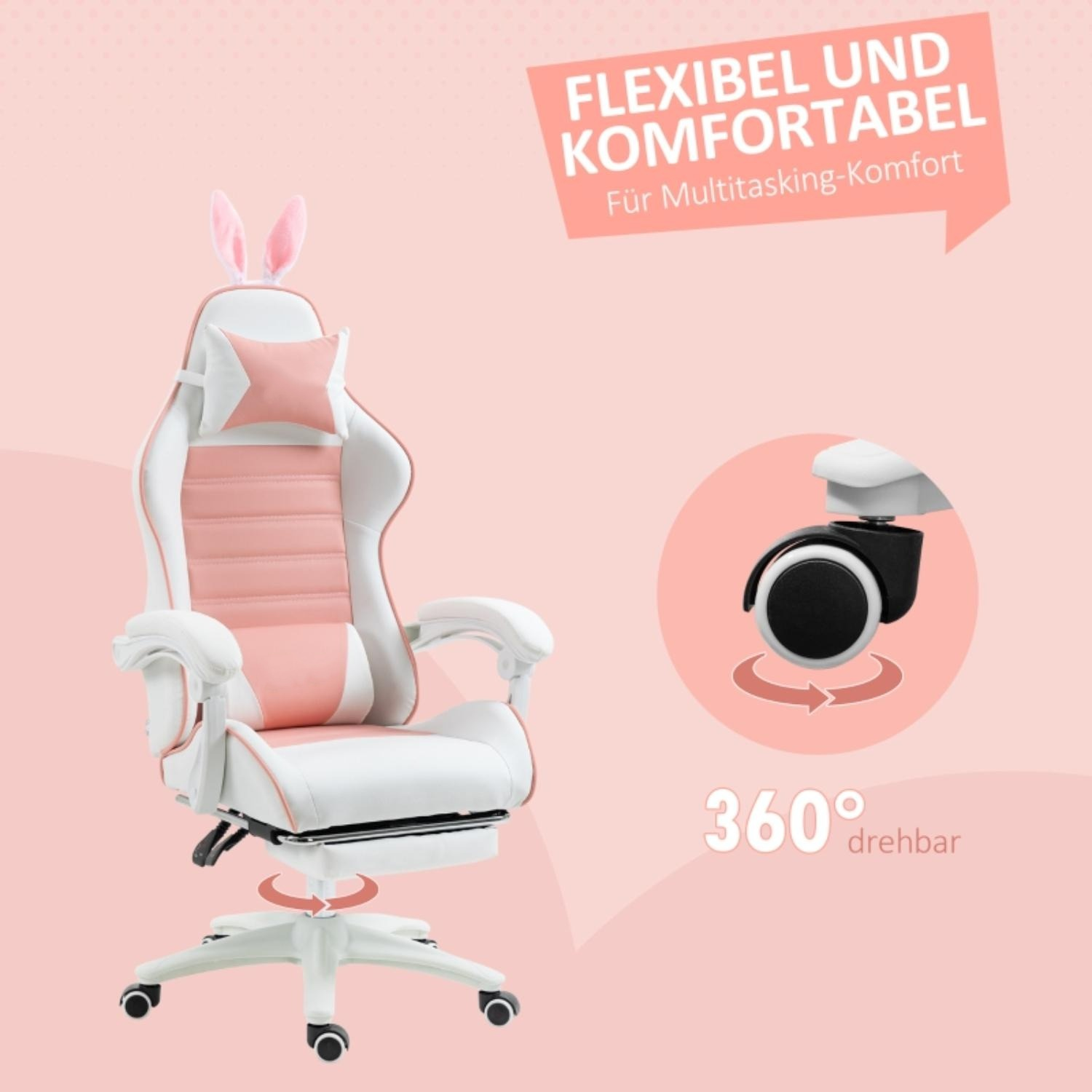 Gaming-Stuhl mit Hasenohren, Diagramm Rad und 360° Drehung.