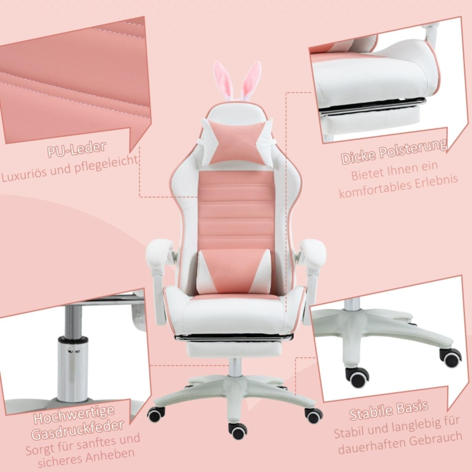 Gaming-Stuhl mit Hasenohren und beschrifteten Merkmalen. Nahaufnahmen von Materialien.