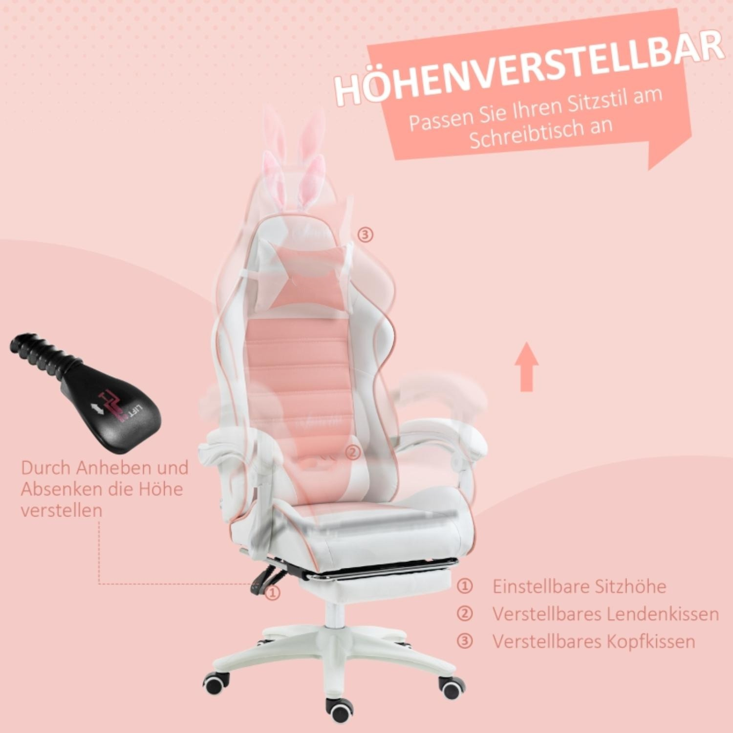 Verstellbarer Gaming-Stuhl mit Hasenohren, zeigt Höhenverstellungen.