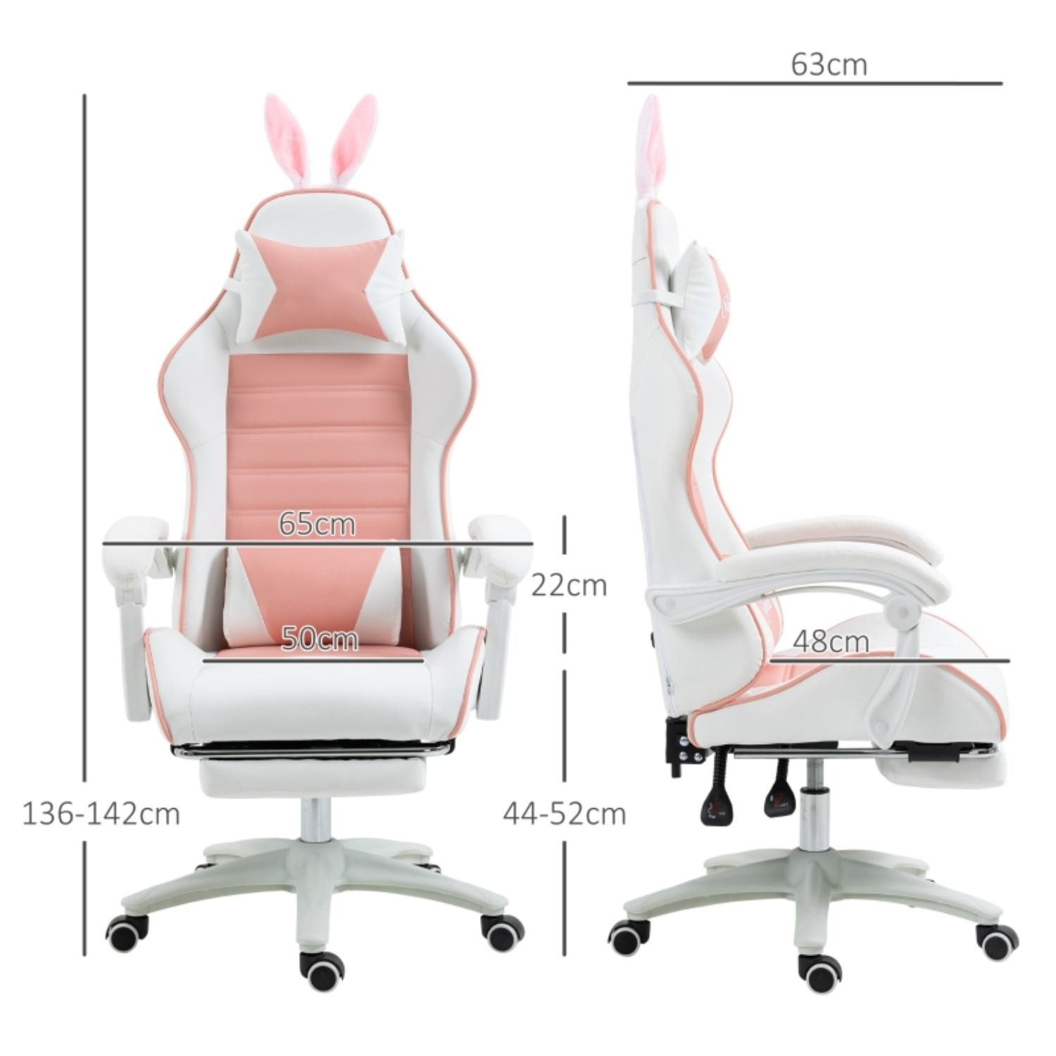 Gaming-Stuhl mit Hasenohren, Abmessungen für Höhe und Breite beschriftet.