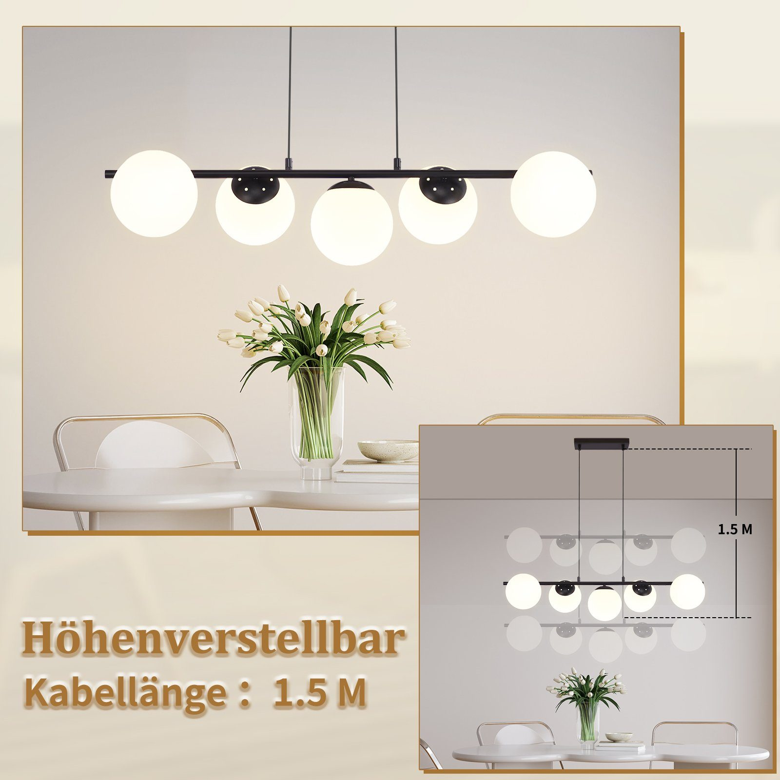 Lampadario moderno con globi bianchi e tavolo bianco con tulipani.