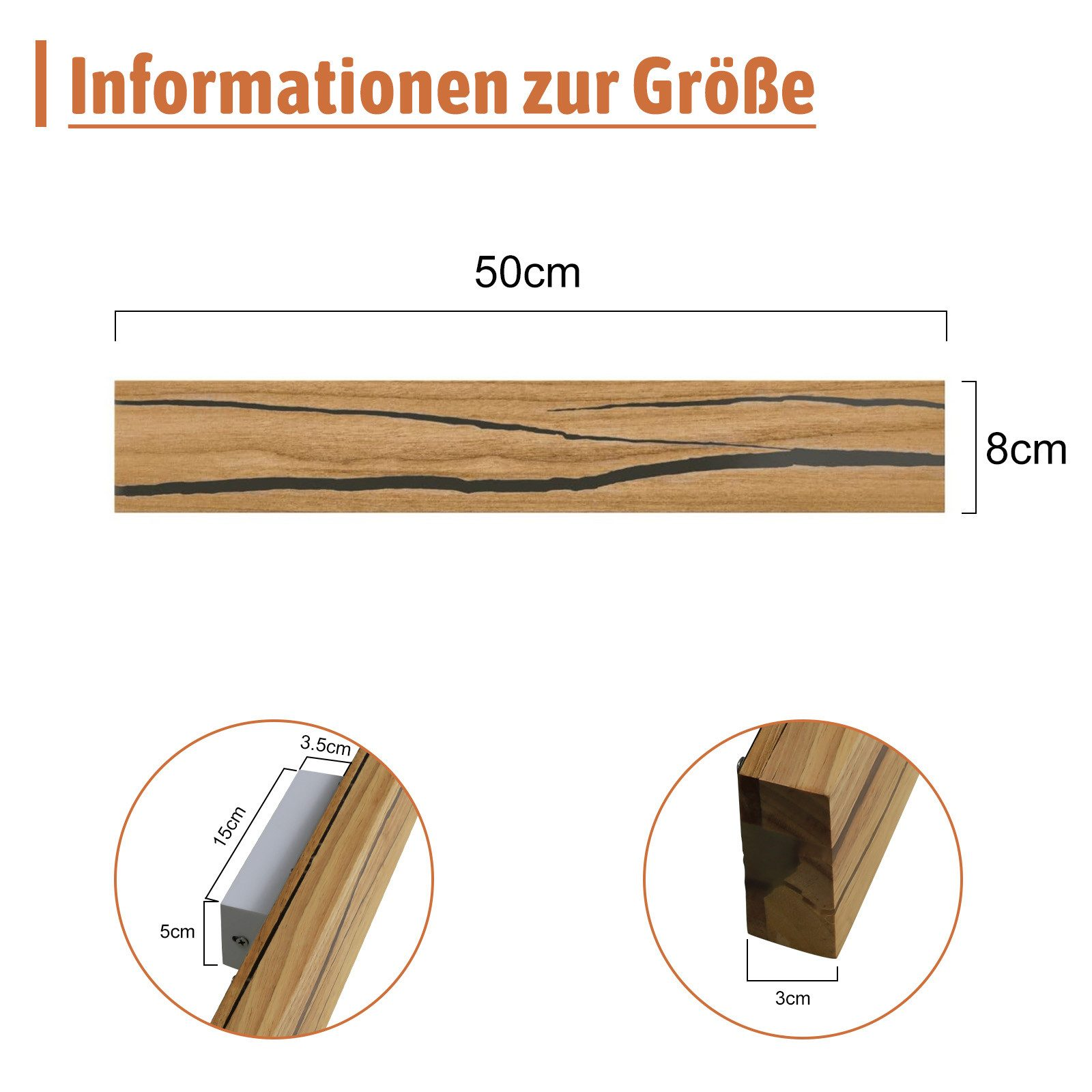 Deska drewniana z informacją o rozmiarze. Wymiary: 50cm długości, 8cm szerokości, ze szczegółowymi zbliżeniami.