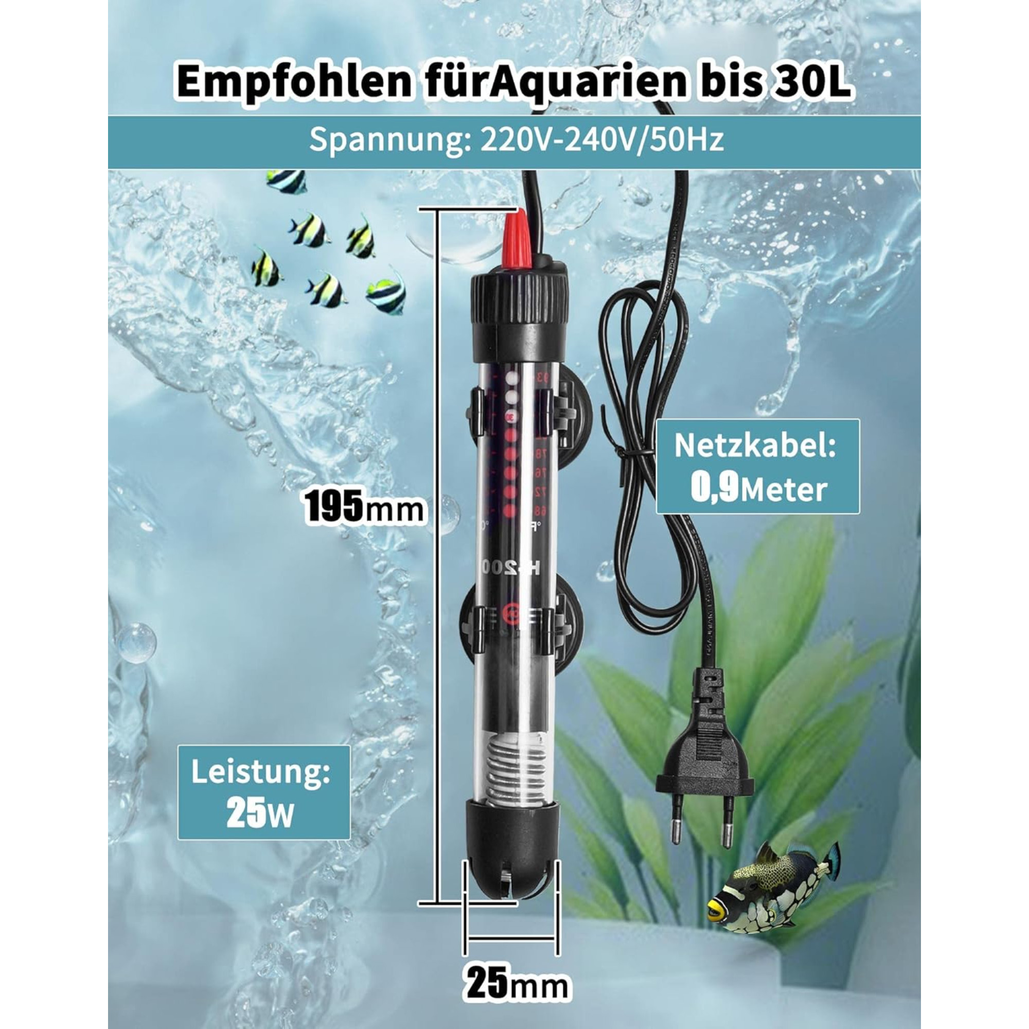 Aquariumheizung mit Abmessungen und Leistungsspezifikationen. Fische und Blasen im Hintergrund.