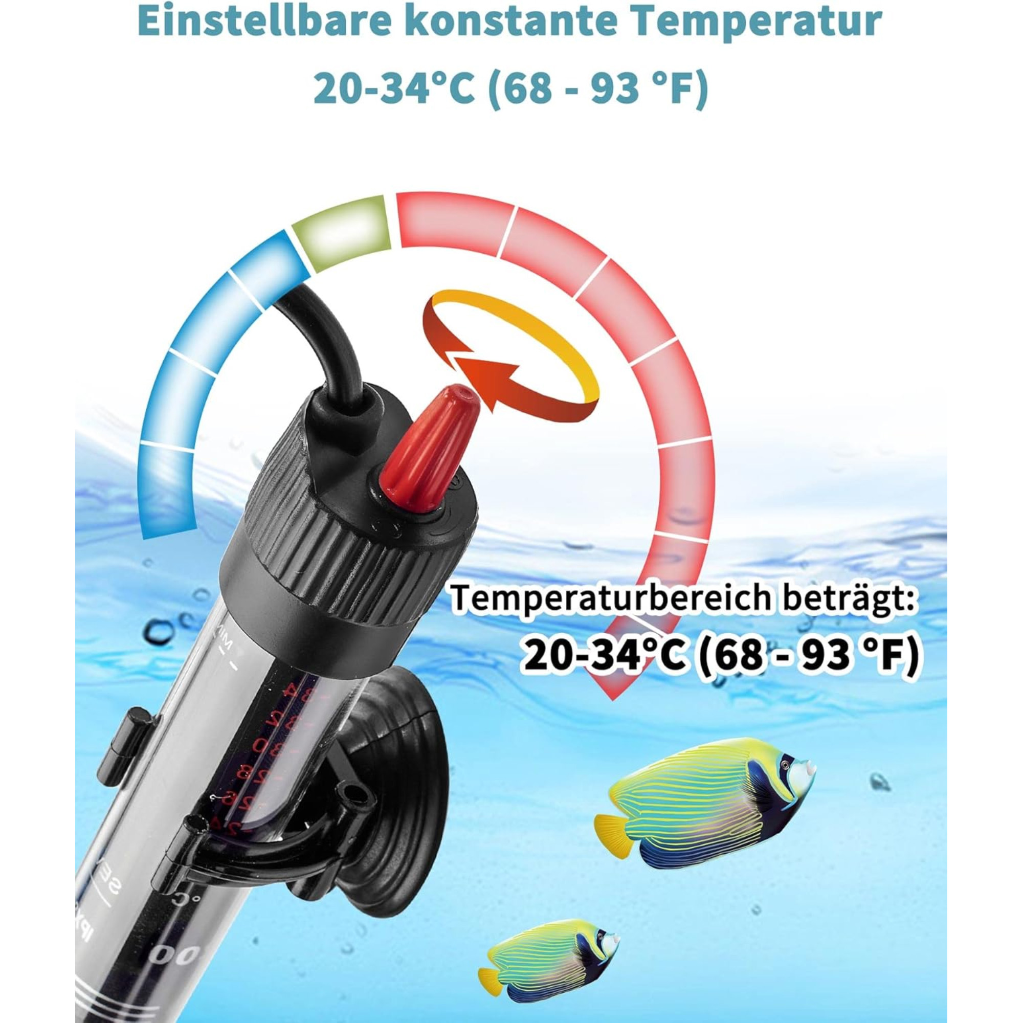 Aquariumheizung mit Temperaturregelung. Temperaturbereich mit Fischen im Hintergrund dargestellt.