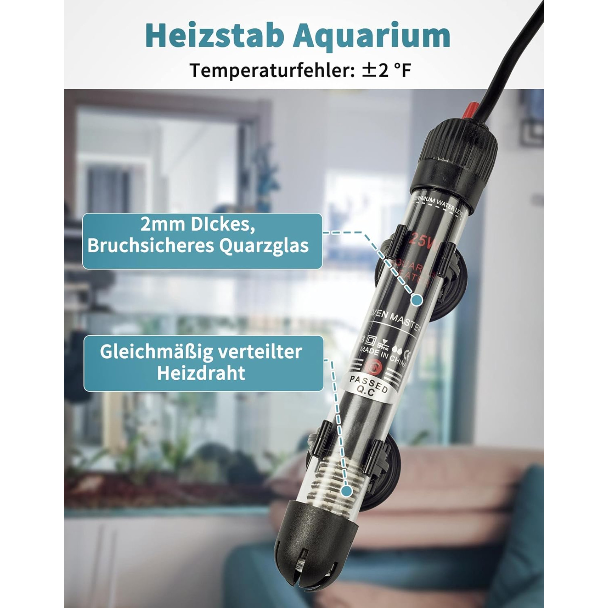 Aquariumheizung mit hervorgehobenen Merkmalen. Enthält ein Etikett mit Wattzahl und Sicherheitsinformationen.