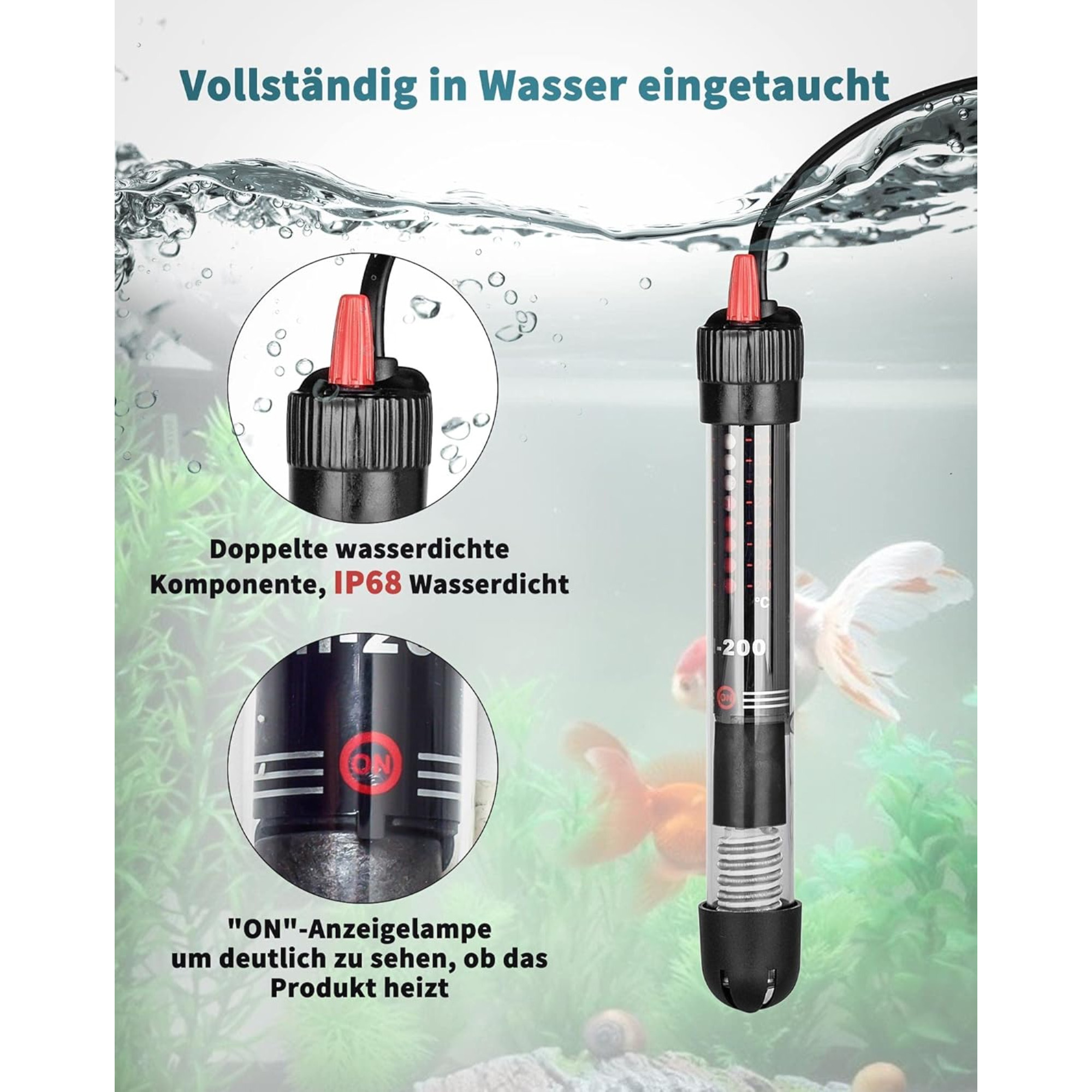 In Wasser getauchte Aquariumheizung. Nahaufnahmen von Details wie der EIN-Anzeige und dem oberen Teil.