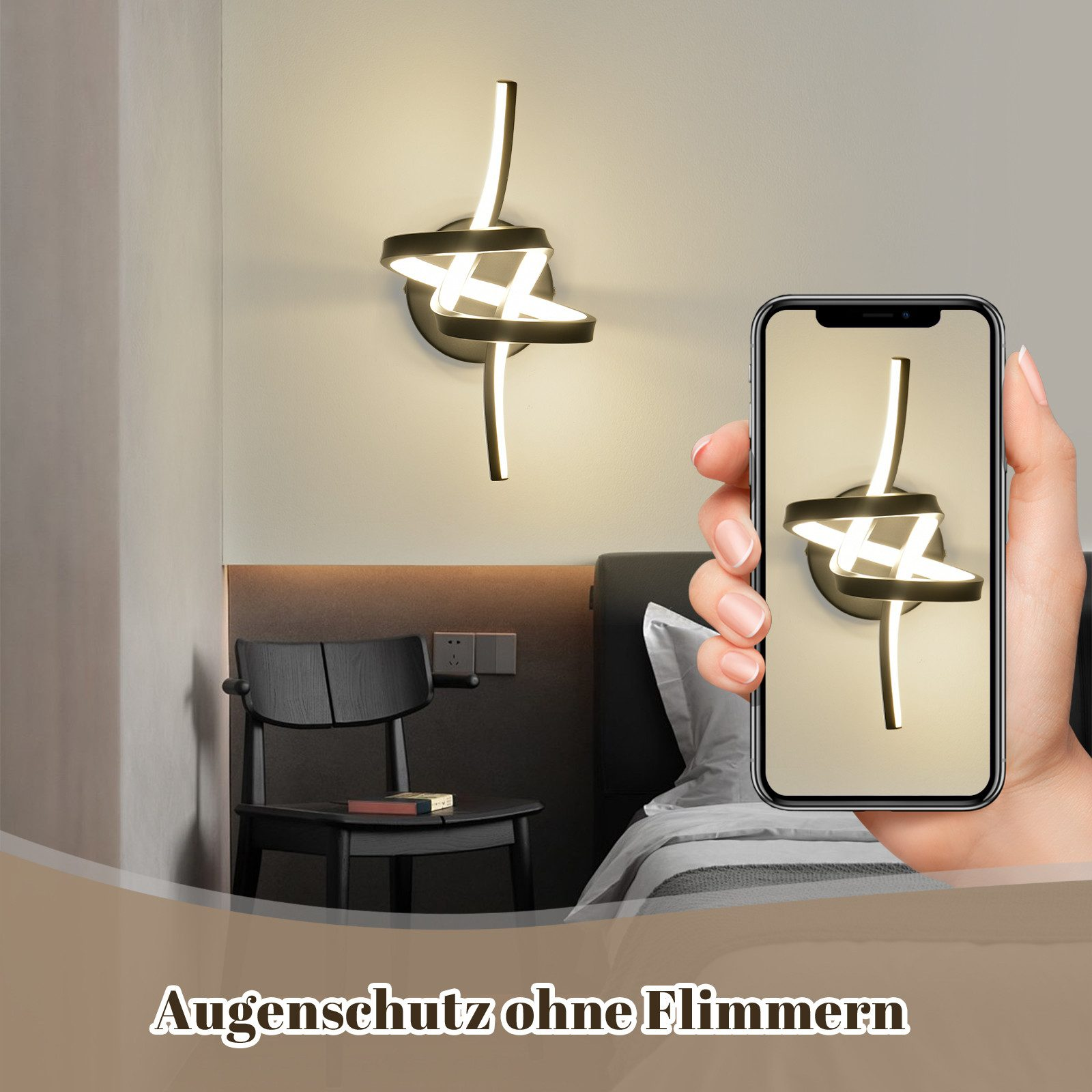 Lampada da parete moderna sul muro, persona che tiene in mano un telefono con la stessa lampada sullo schermo.