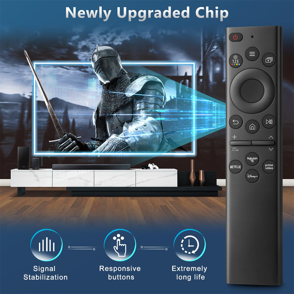 Eine Fernbedienung zielt auf einen Fernseher, der einen Ritter zeigt. Text: Neu verbesserter Chip.