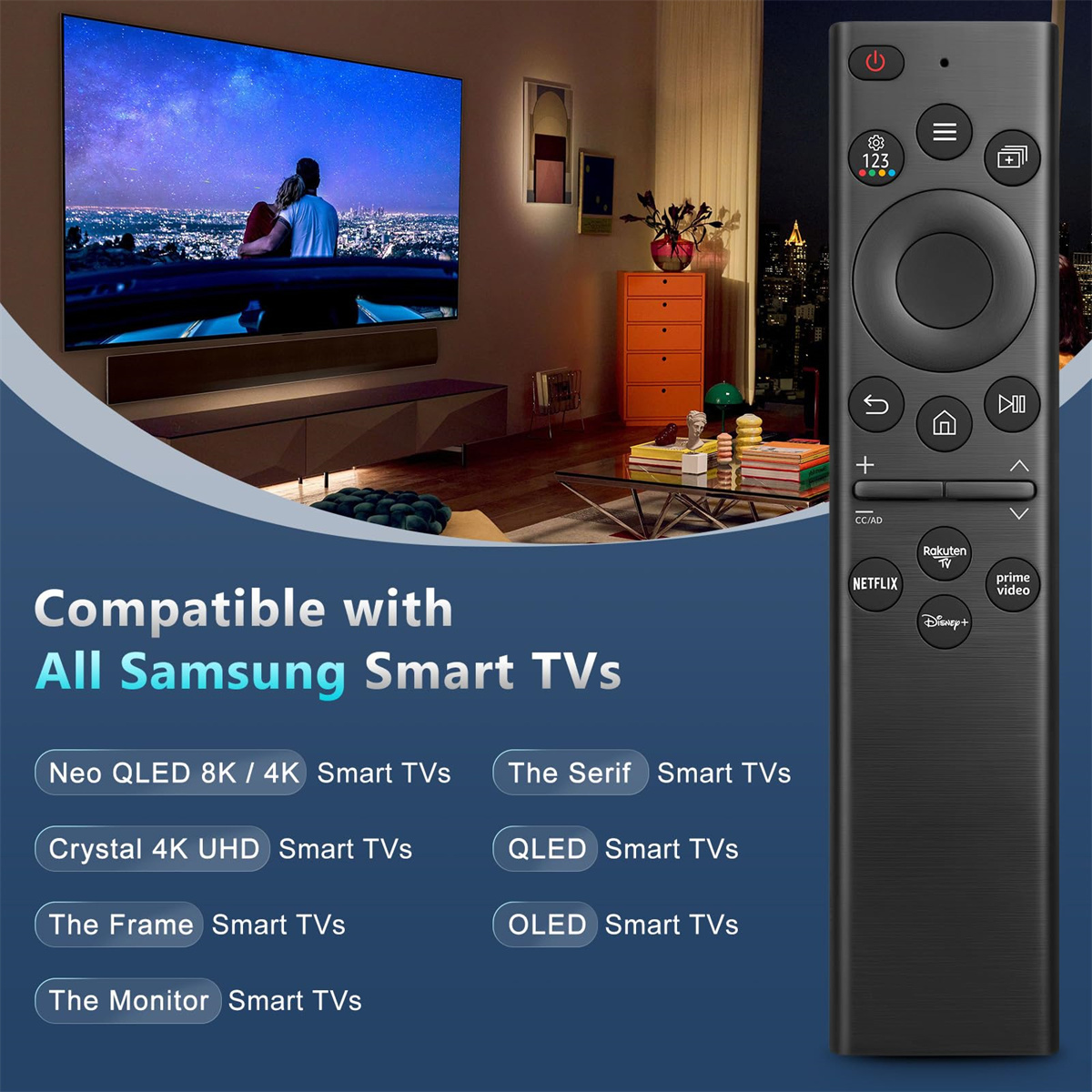 Eine schwarze Fernbedienung vor einem Fernseher in einem Wohnzimmer. Text: Kompatibel mit allen Samsung Smart TVs.