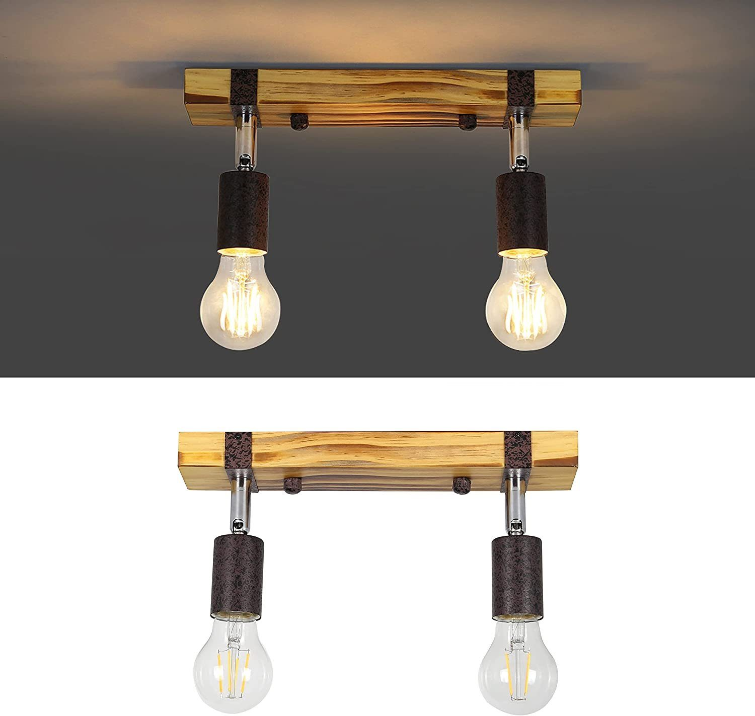 Due apparecchi di illuminazione con travi in legno e lampadine pendenti sono mostrati in due diverse condizioni di illuminazione.