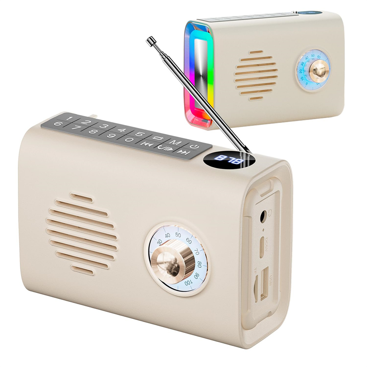 Zwei kleine, beigefarbene Radios mit Antennen werden gezeigt. Eines hat Regenbogenlichter an der Seite.