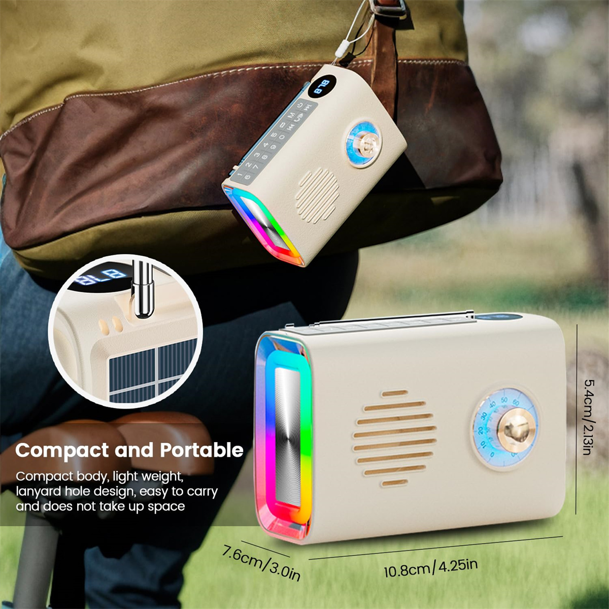 Ein hellbraunes, solarbetriebenes Radio hängt an einer Tasche. Ein anderes Radio zeigt seine Abmessungen und Funktionen.