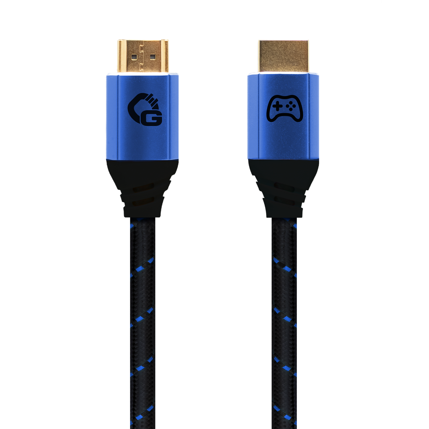 Eine Nahaufnahme der Enden eines schwarzen und blauen HDMI-Kabels vor einem schwarzen Hintergrund.