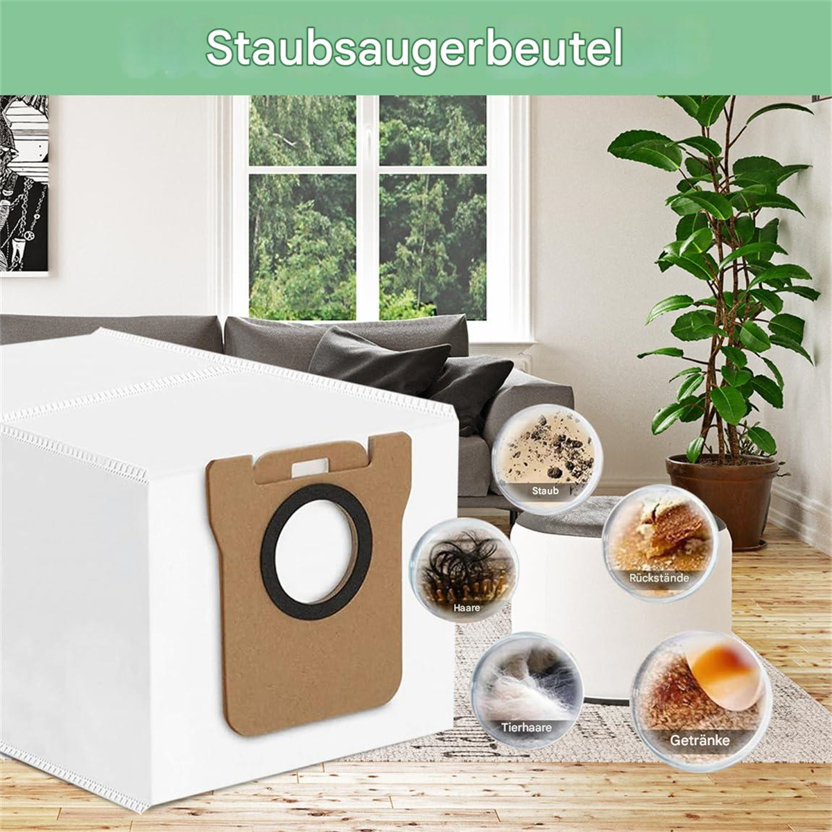 Ein Staubsaugerbeutel mit Symbolen für Staub, Haare, Rückstände und Flüssigkeiten, in einer Wohnzimmerszene.