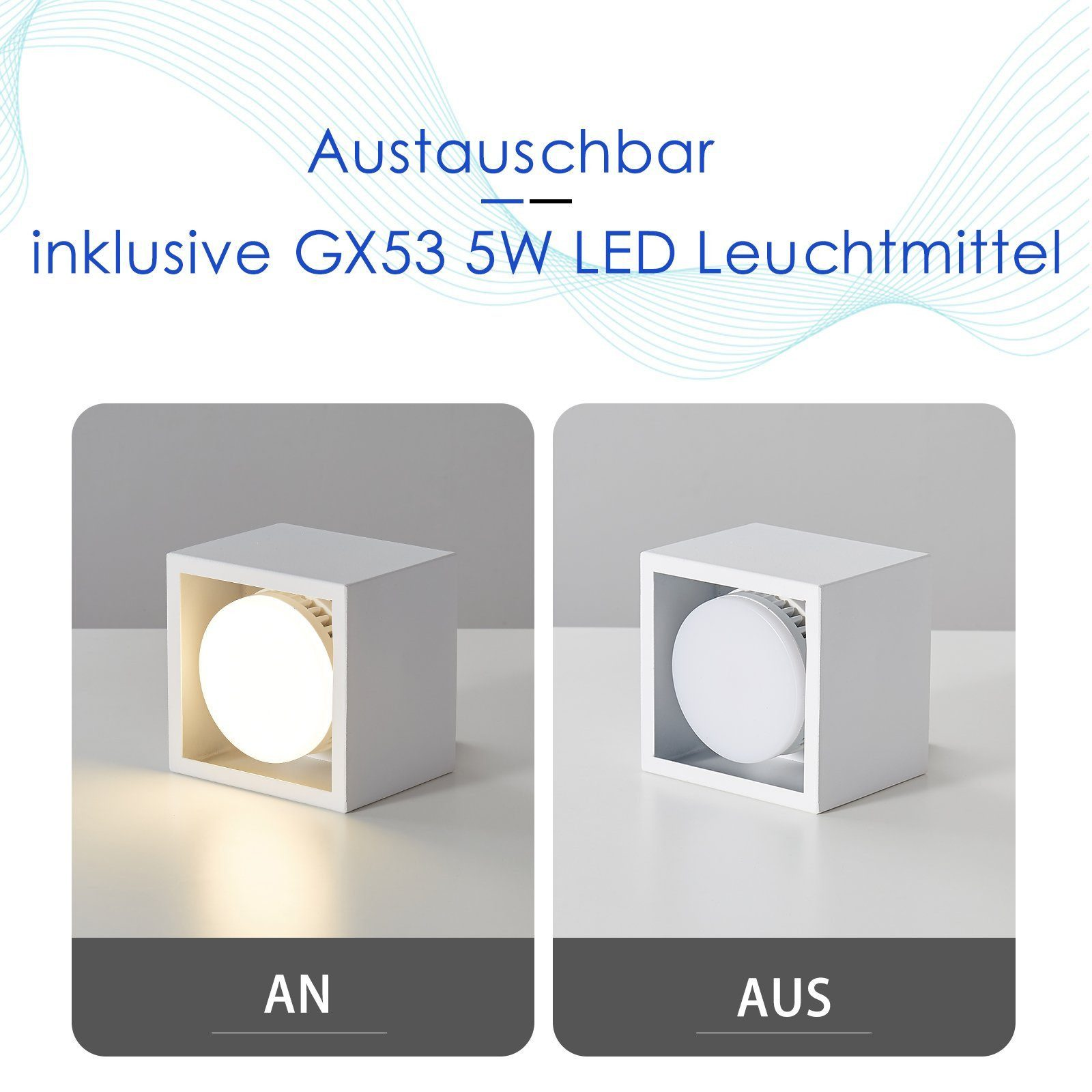 Una lampada a cubo bianco è mostrata illuminata e spenta, con un testo che indica lampadine a LED sostituibili.