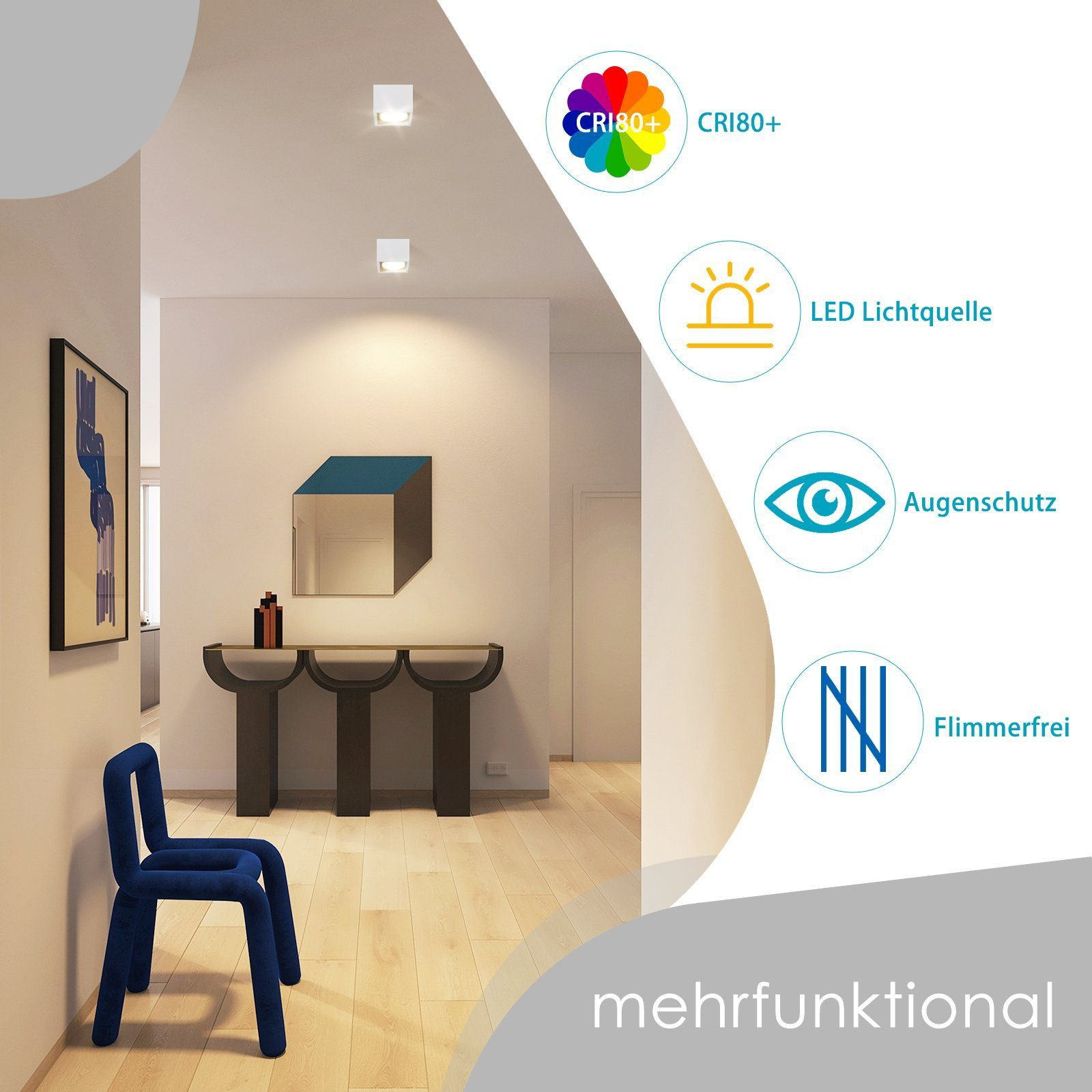 Corridoio moderno con pareti bianche, pavimento in legno, sedia blu e consolle. Luci a soffitto accese.