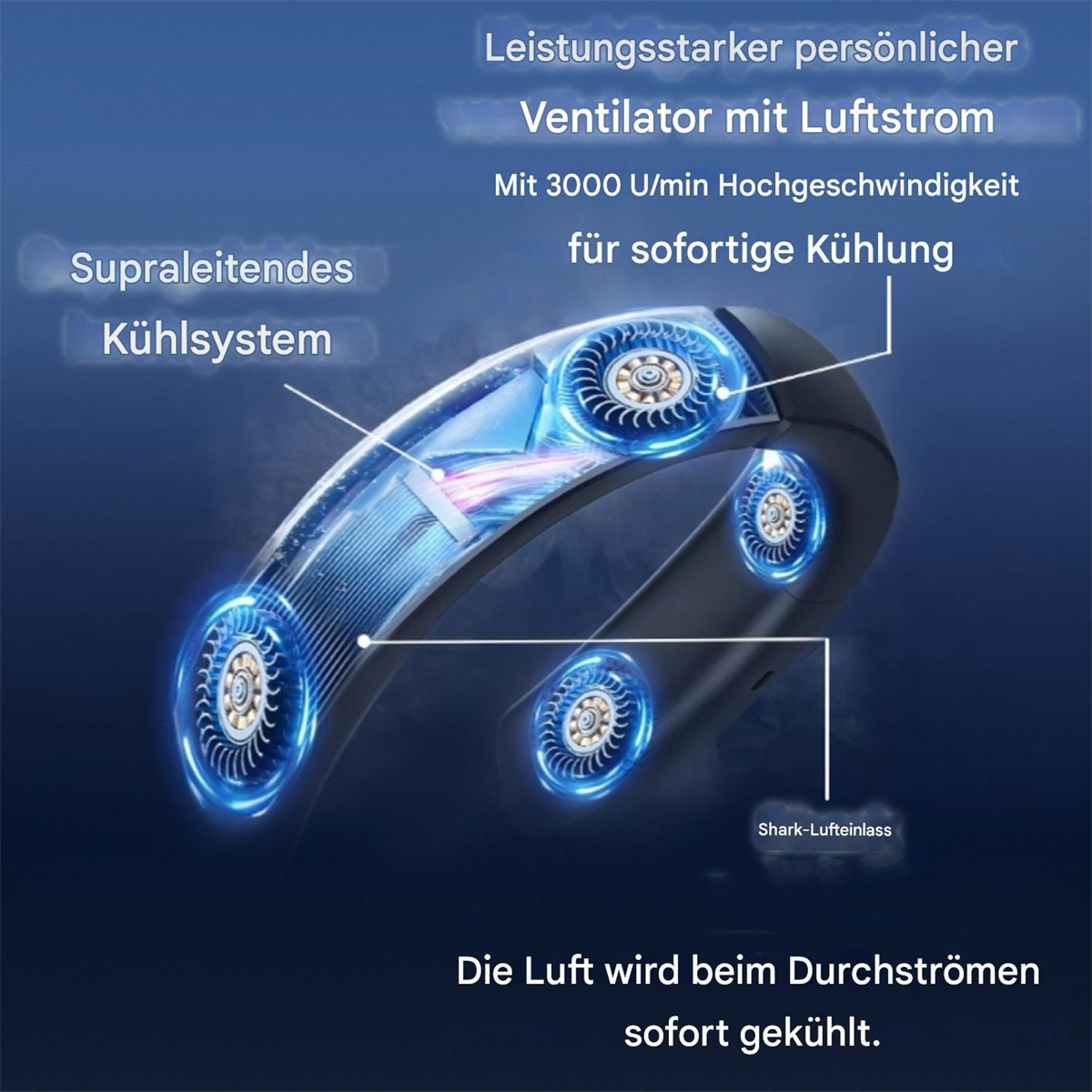 Eine Nahaufnahme eines Nackenventilators, der seine internen Komponenten und das Kühlsystem zeigt.