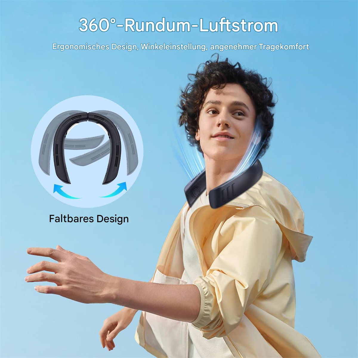 Eine Person, die einen Nackenventilator trägt, mit Diagrammen, die sein flexibles Design und den Luftstrom zeigen.