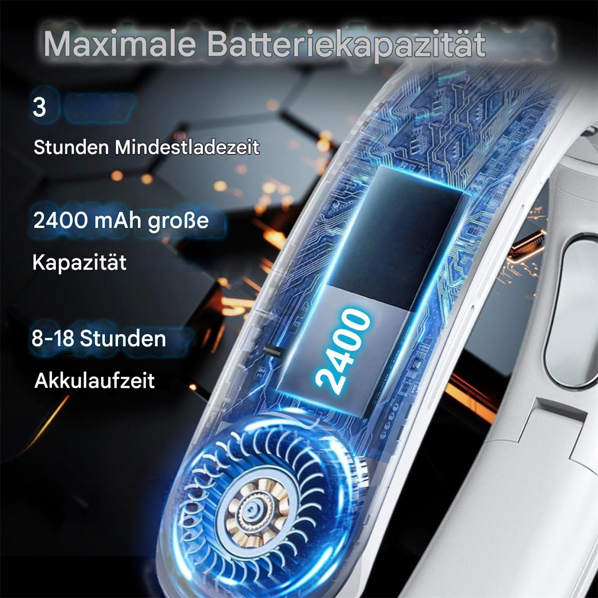 Nahaufnahme eines Nackenventilators, der Details zur Batteriekapazität und Ladezeit zeigt.