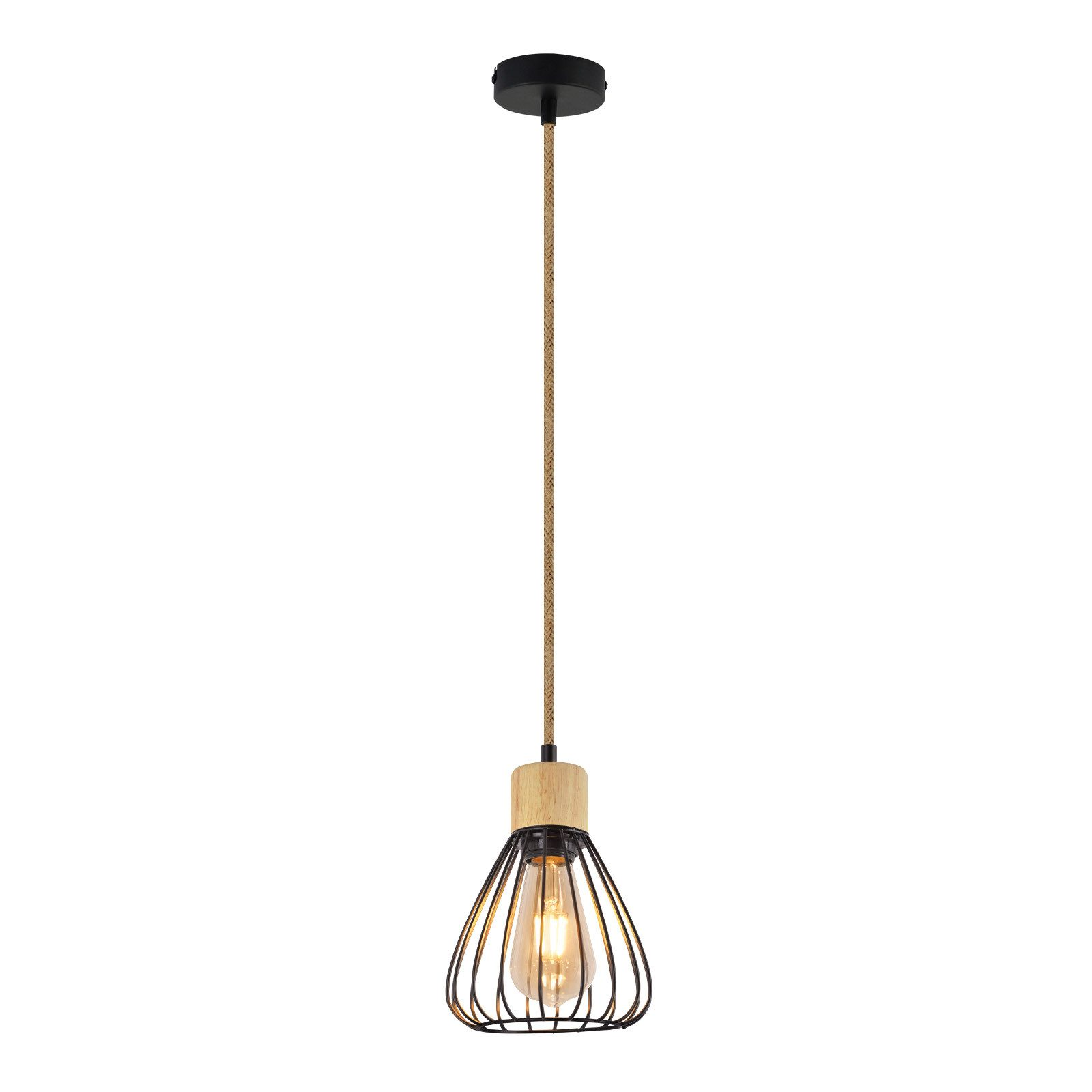 Una lampada a sospensione con un accento in legno e un paralume a gabbia, appesa a una corda.