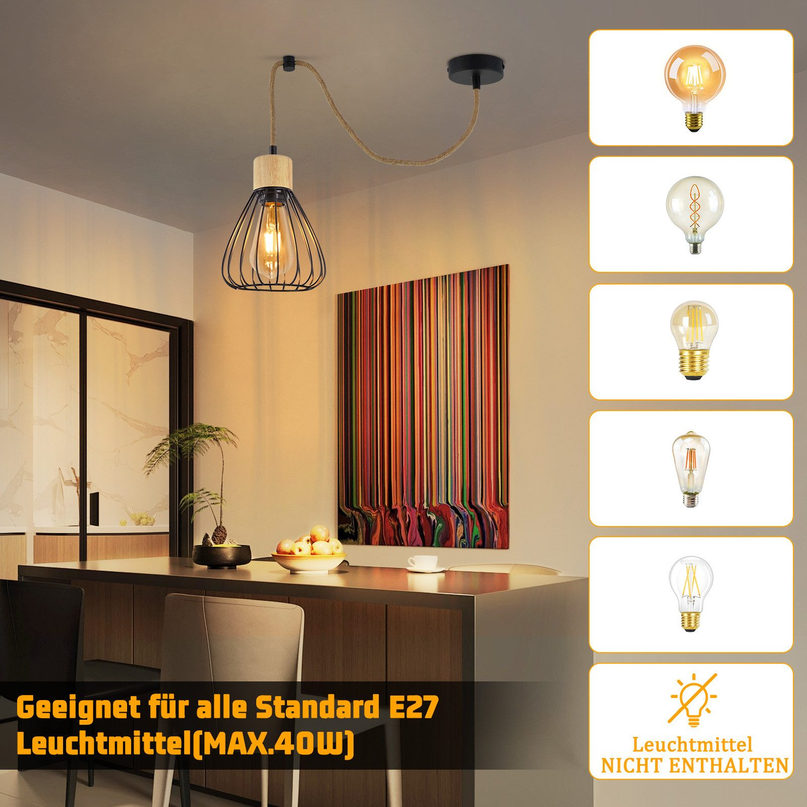 Lampa wisząca z czarnym kloszem z drutu i drewnianym blatem, wisząca nad stołem z krzesłami.