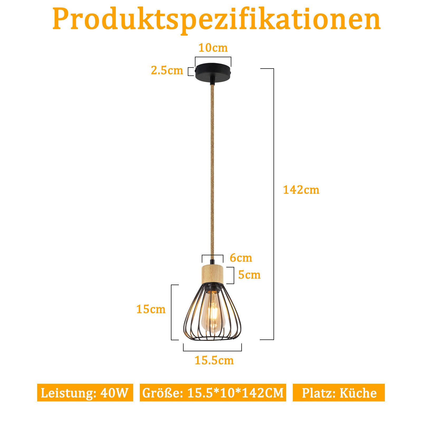 Diagram przedstawiający wymiary lampy wiszącej z czarnym kloszem z drutu, drewnianym blatem i żarówką w środku.