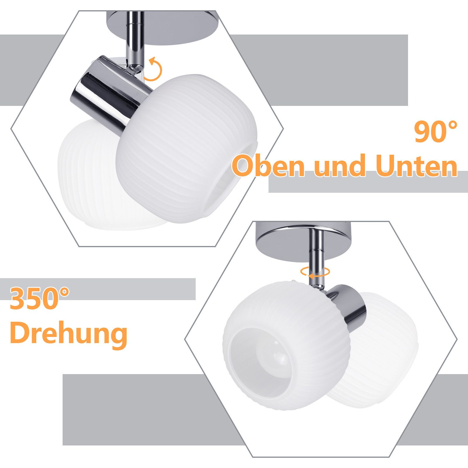 I diagrammi mostrano una lampada a globo bianco che può ruotare di 350 gradi orizzontalmente e di 90 gradi verticalmente.