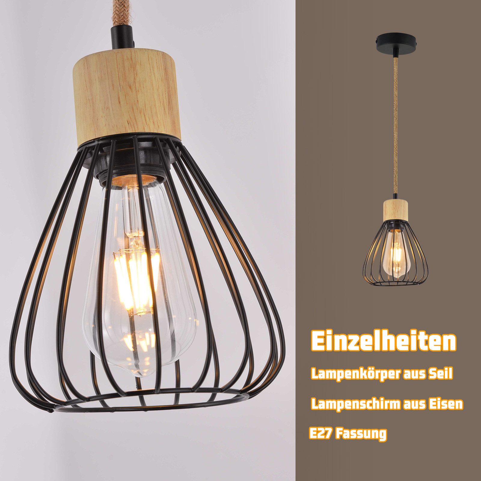 Lampa wisząca z czarnym kloszem z drutu i drewnianym blatem, z bliskim widokiem żarówki w środku.