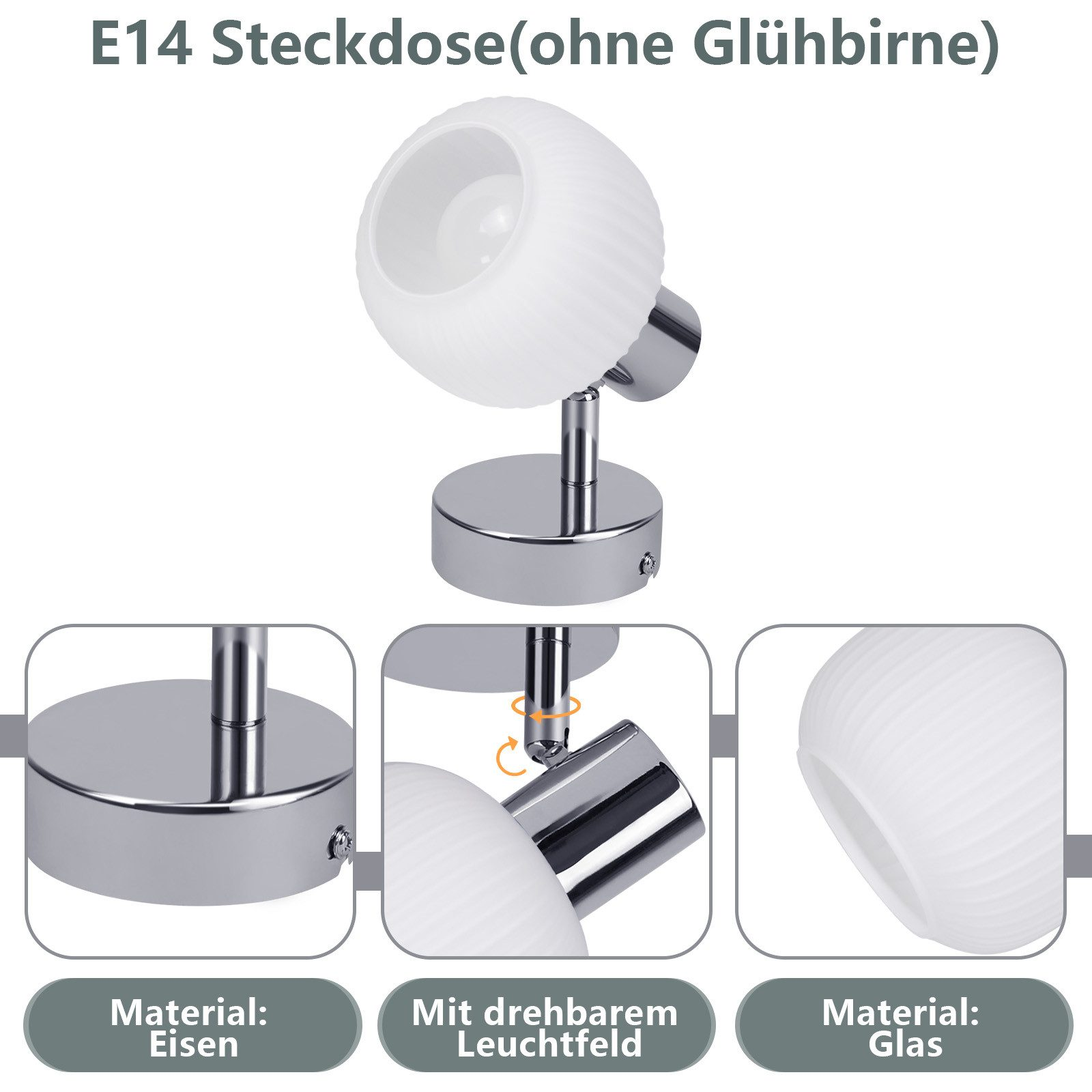 L'immagine mostra una lampada da parete cromata con un paralume in vetro bianco a coste e diagrammi che evidenziano i materiali e la regolabilità.
