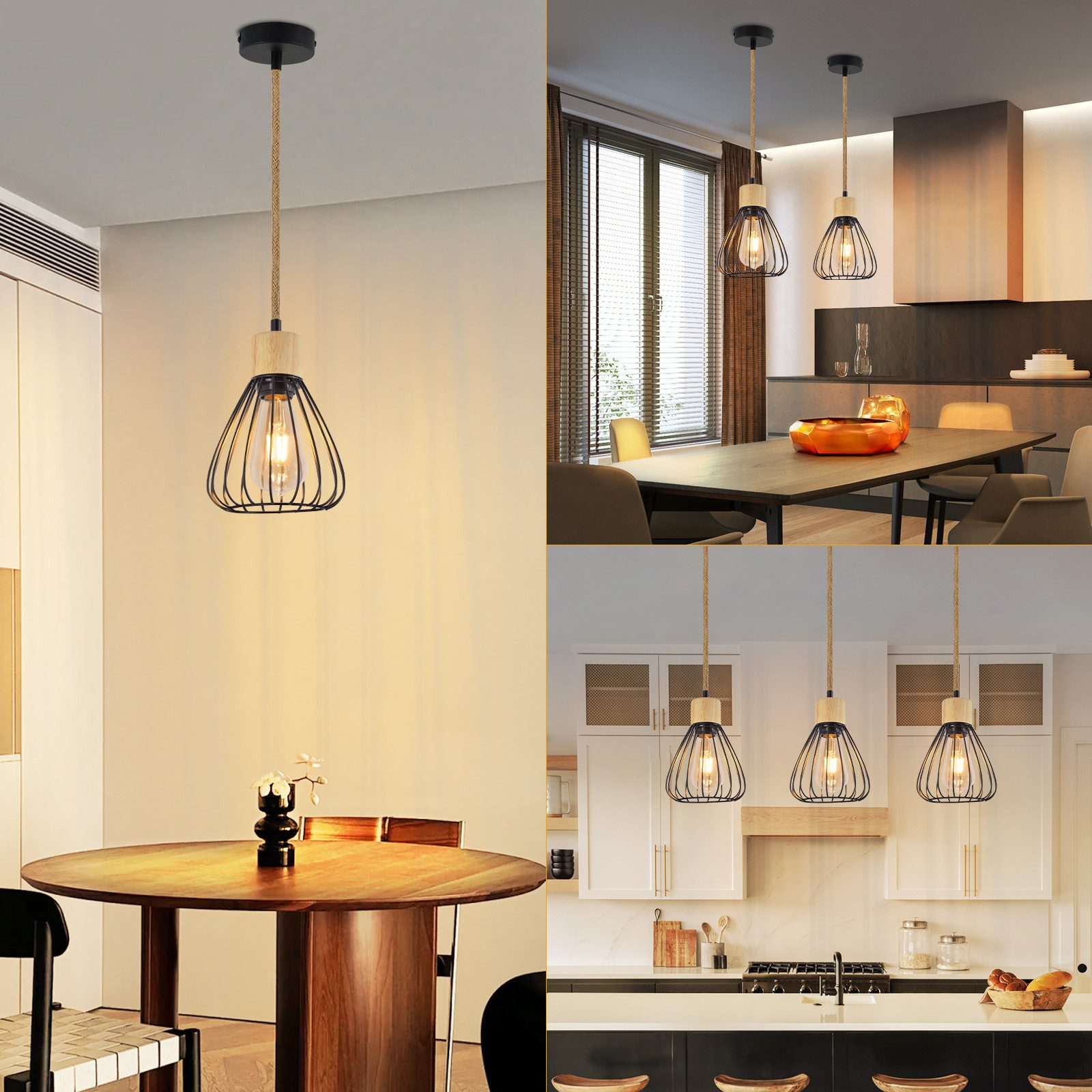 Kolaż scen wnętrz z lampami wiszącymi z czarnymi kloszami z drutu wiszącymi nad stołami jadalnymi i wyspami kuchennymi.