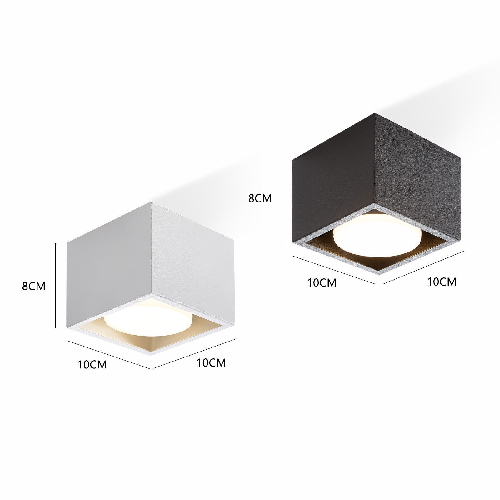 L'immagine mostra due plafoniere a forma di cubo, una bianca e una grigio scuro, con le dimensioni elencate.
