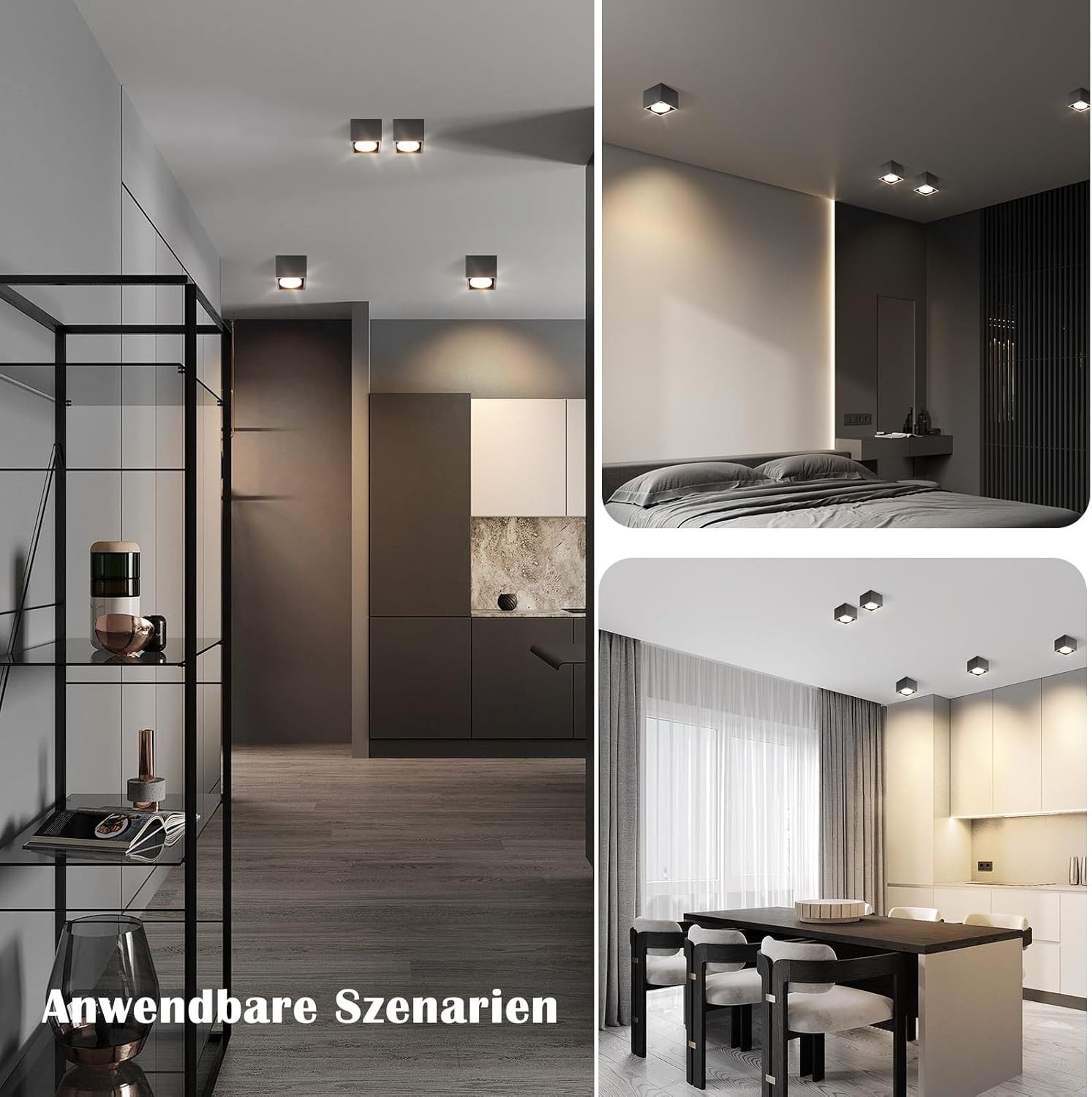 Tre immagini che mostrano varie stanze con luci a soffitto. Sono mostrati un corridoio, una camera da letto e una zona pranzo. Testo: Anwendbare Szenarien.