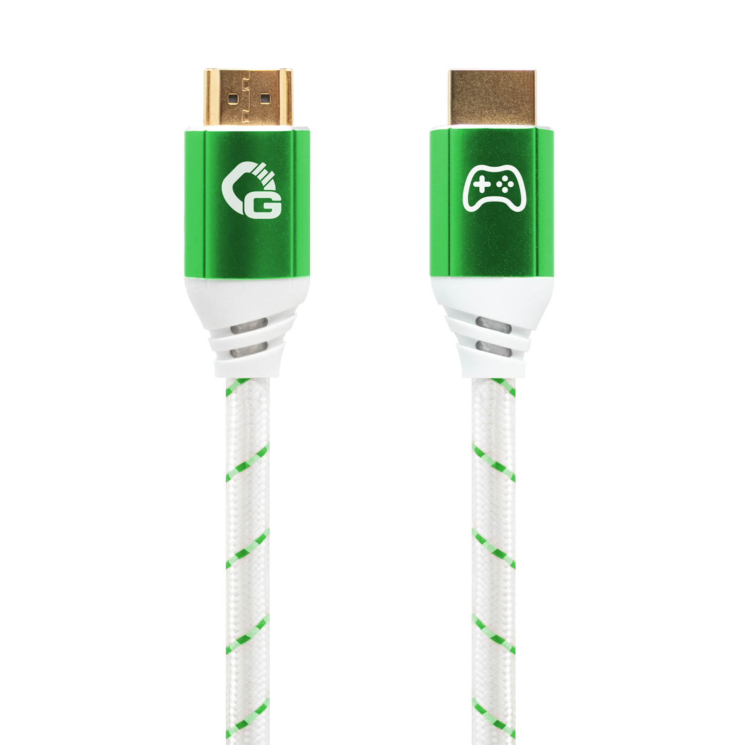 Zwei HDMI-Kabel mit Goldsteckern. Eines hat ein grün-weißes Design mit einem „G“-Logo, das andere einen Spiel-Controller.